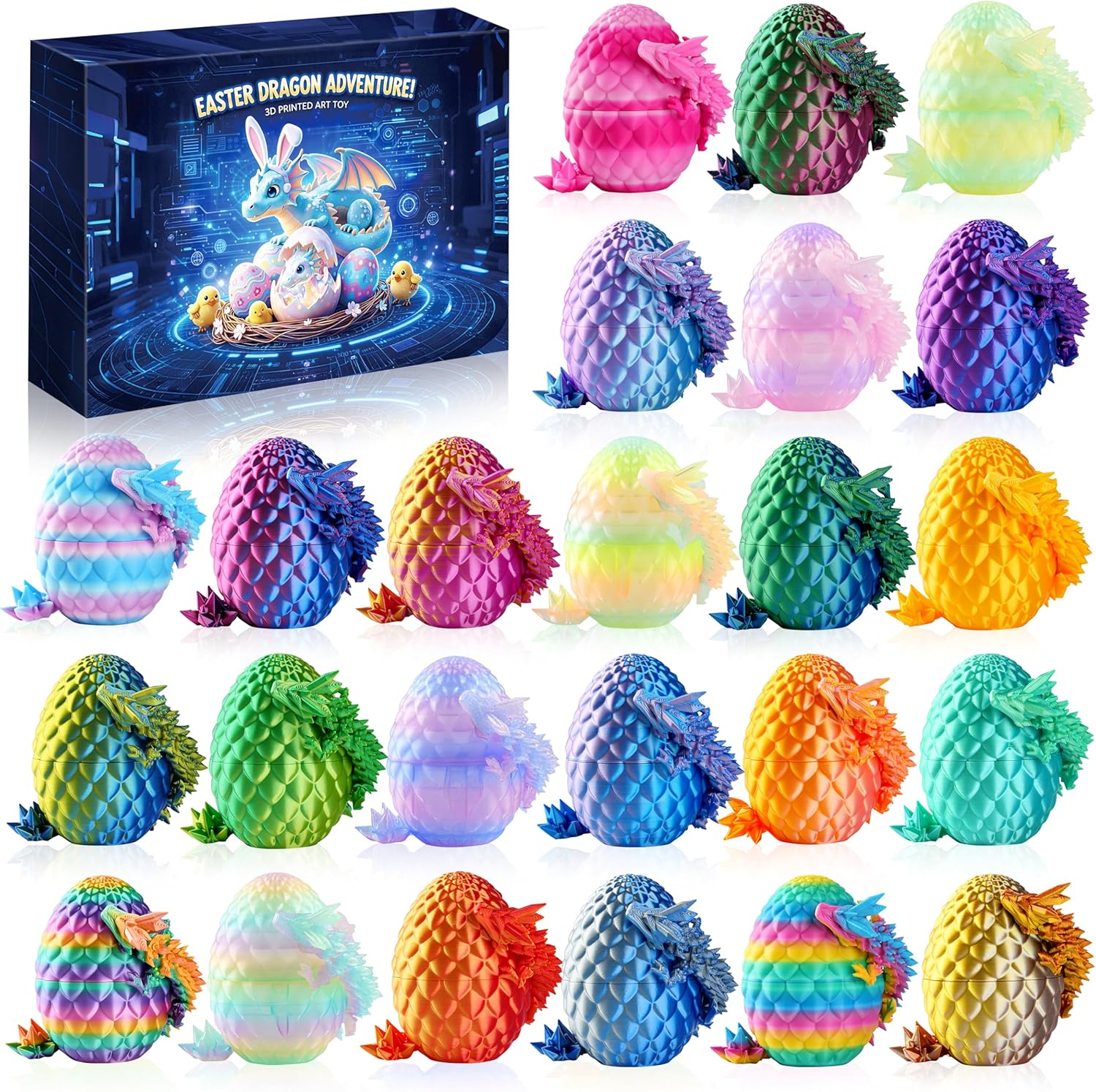 3D Printed Dragon Eggs, Mystery Crystal Dragon Egg for Easter Basket Stuffers and Essentials, Unique Easter Toys & Decor, Fantasy Tabletop Decor for Kids & Collectors (24 Pack)