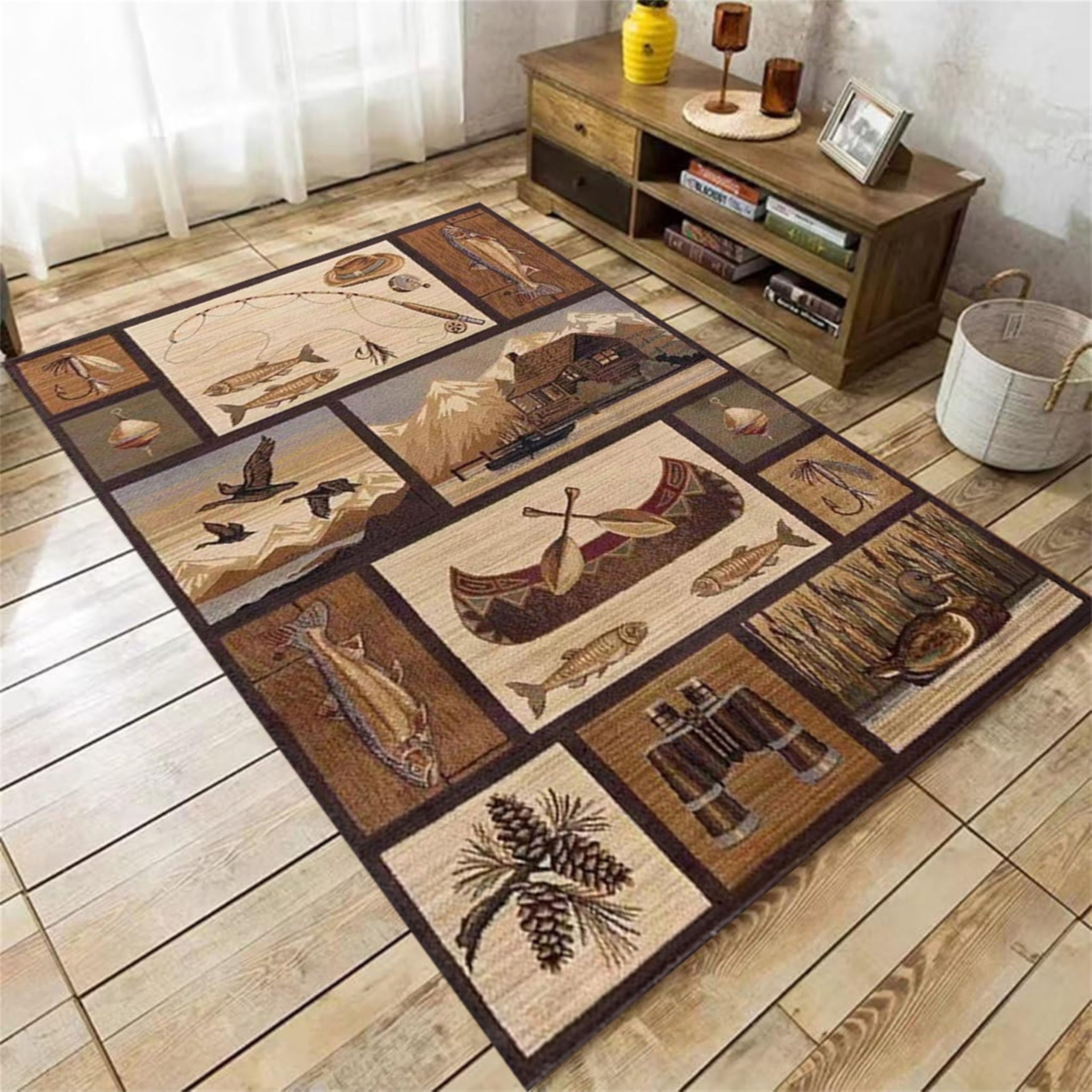 YJDRUG Cabin Style Fishing Rugs,4x6ft,Vintage Country Cottage Nature and Animal Rug, Comfortable Low Pile Durable Printed Rug, Machine Washable Home