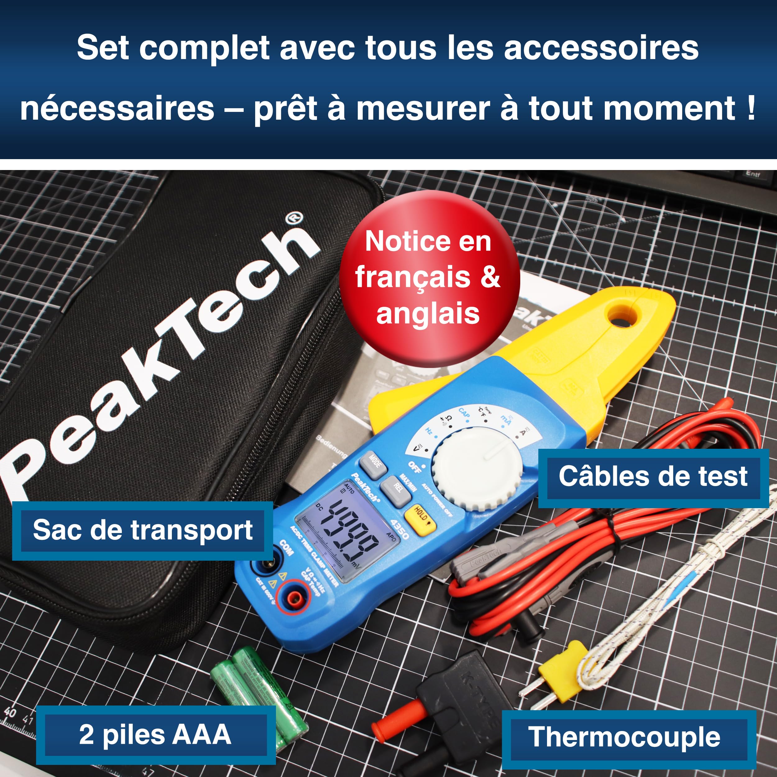 PeakTech 4350 - Pince Ampèremétrique True RMS 80A AC/DC, Multimètre Numérique, Pince de courant, Autorange, 4000 counts, Voltmètre Sans Contact, Ampèremètre, Testeur de Continuité - Max 600V