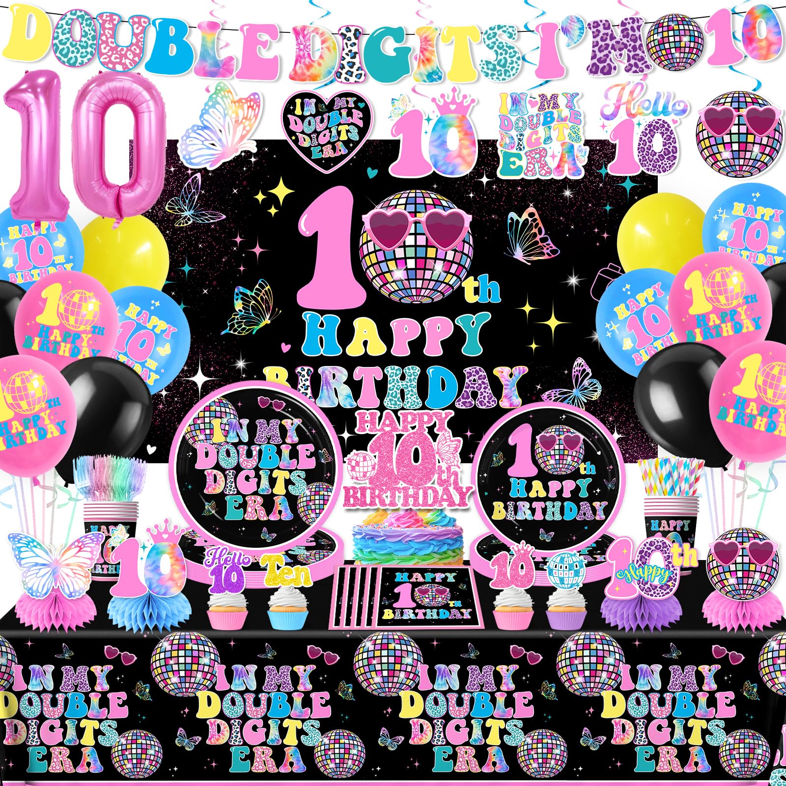 Photo 1 of 10th Birthday Decorations for Girl,198pcs Double Digits Birthday Girl Plates and Napkins Cups Tablecloth Banner Honeycomb for In My Double Digits Era Decorations