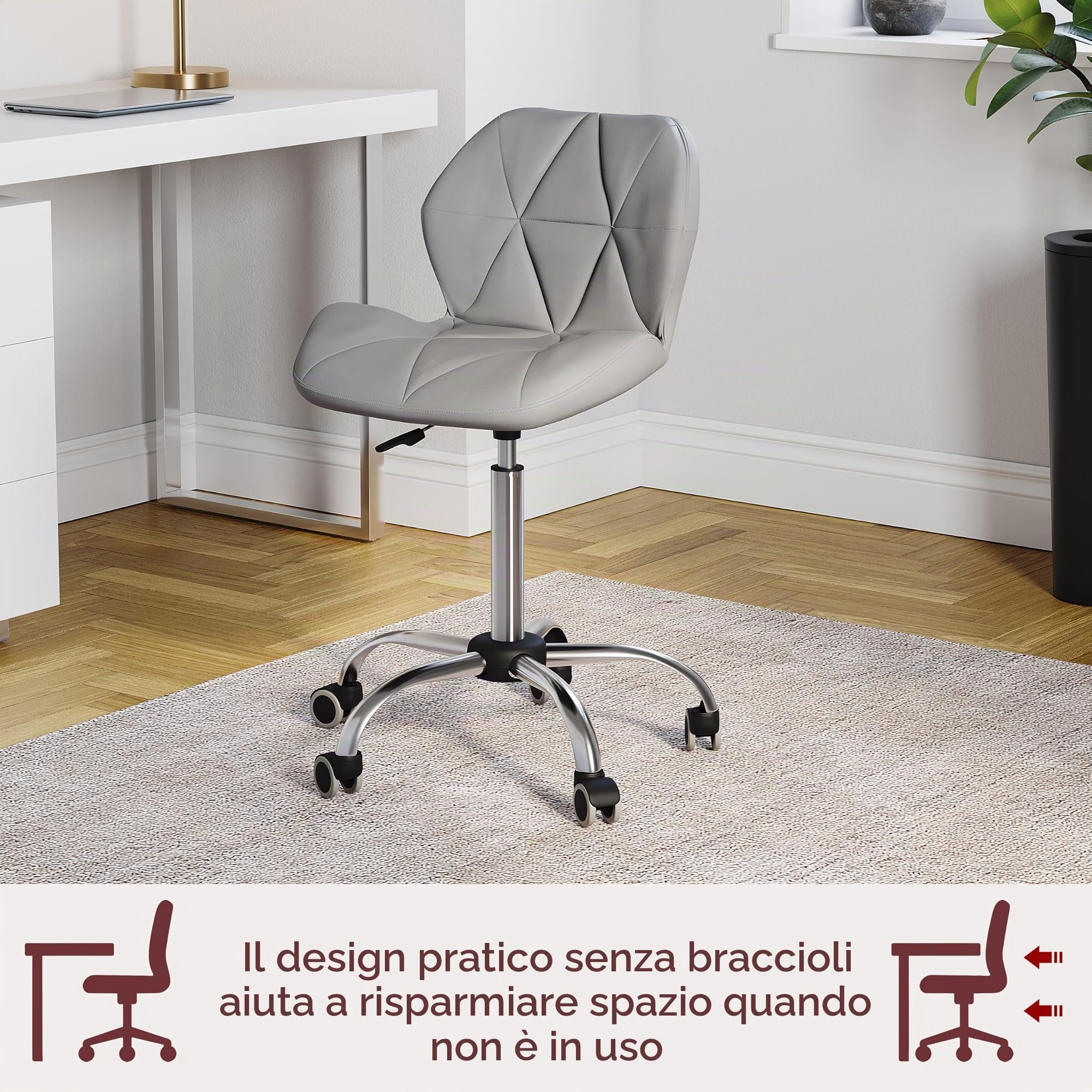 Vida Designs Geo Sedia da Ufficio per Computer, Grigio, Segretario di Gioco Regolabile Gambe Girevoli Sollevabili in Similfinta Pelle Cromata, H 80 96 x W 47.5 x D 49 cm, H 80-96 x L 47,5 x P