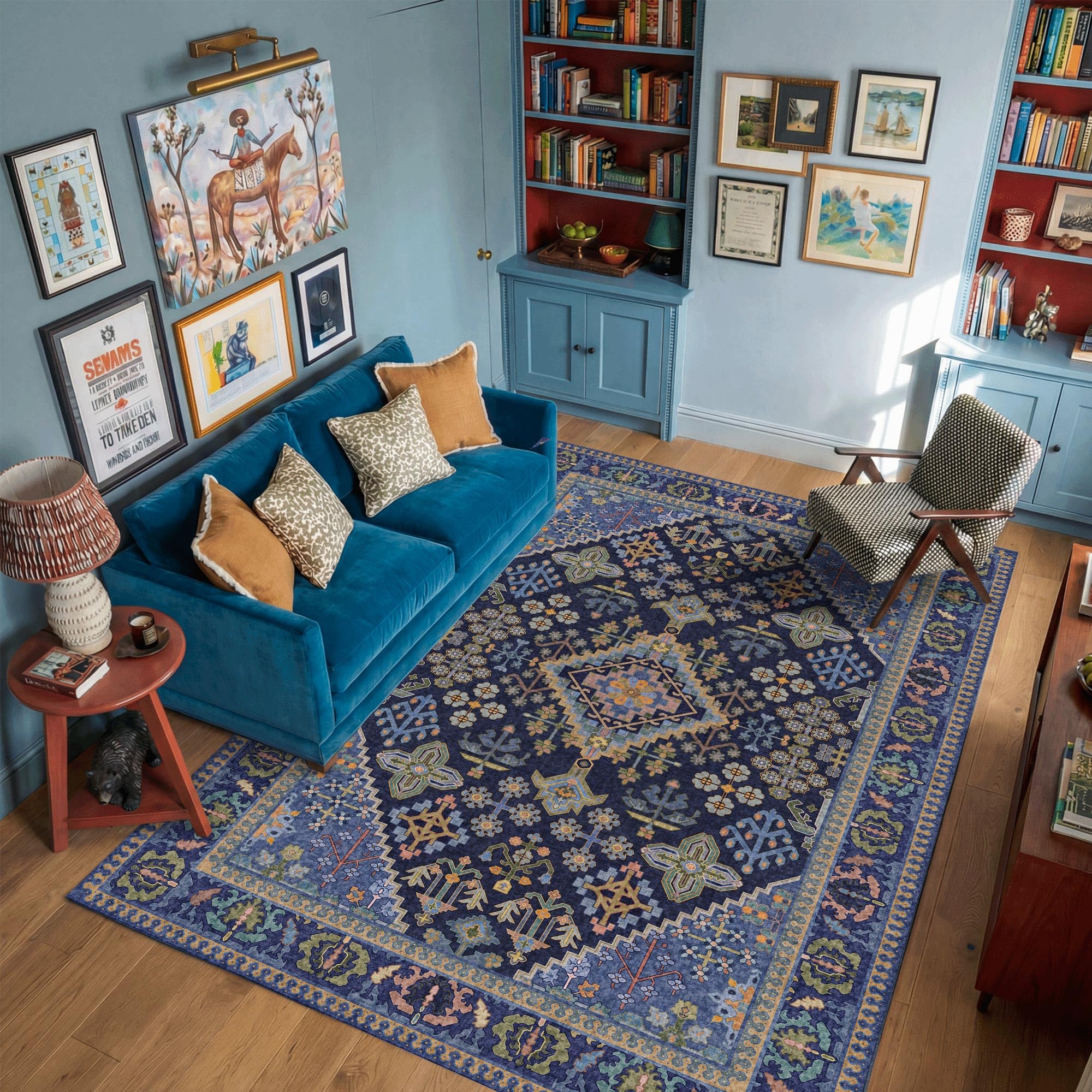 3x5 Boho Machine Washable Low Pile Area Rugs for Living Room Navy Blue