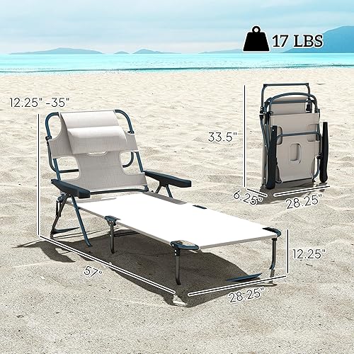 Miniatura 3 de Outsunny Silla tumbona bronceadora, silla de playa de 4 posiciones con agujeros para la cara y los brazos, reposacabezas de almohada, silla