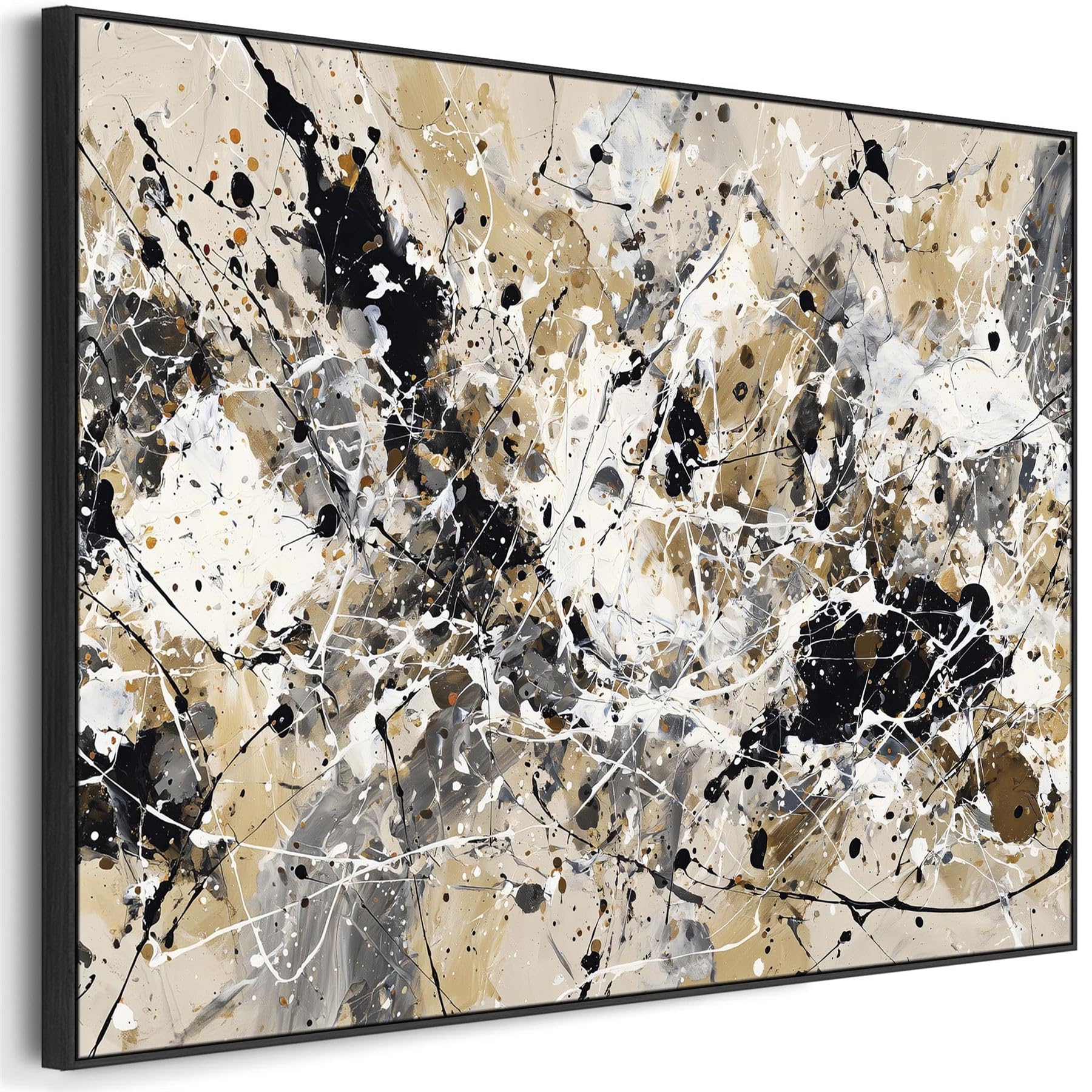 Wallfillers Neutral Black Jackson Pollock Style Abstract Artwork Framed Cream Impact (123Cm X 82Cm)