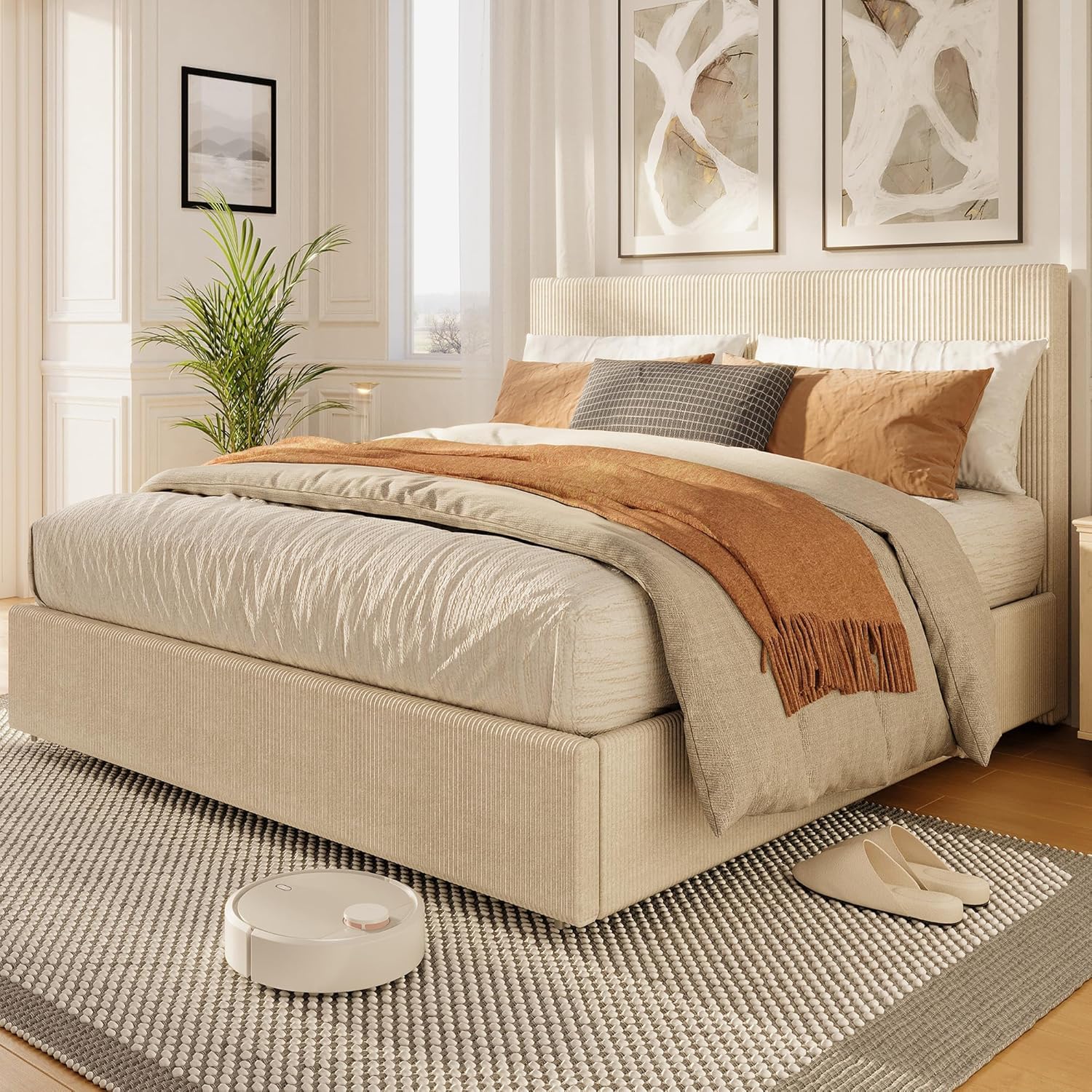GAOMON Corduroy Queen Bed Frame with Headboard, Platform Upholstered Bed Frame with 4 Storage Drawers and Wooden Slats Support, No Box Spring Needed, Beige
