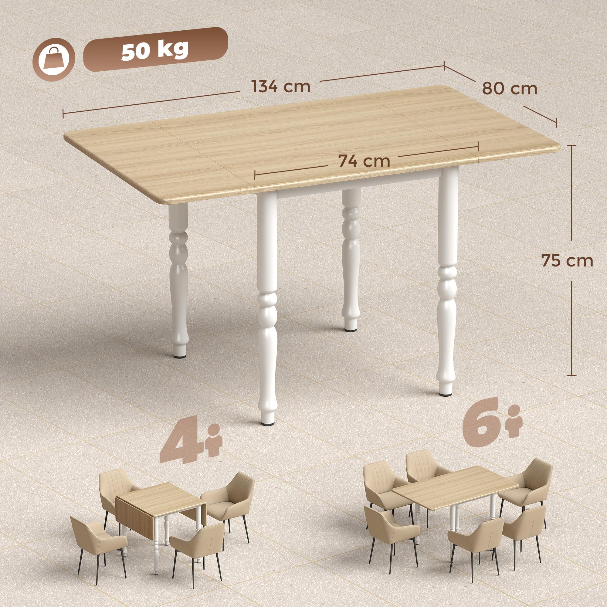 HOMCOM Table à Manger Pliante pour 2 à 6 per. 74-134 cm, Acier, Naturel