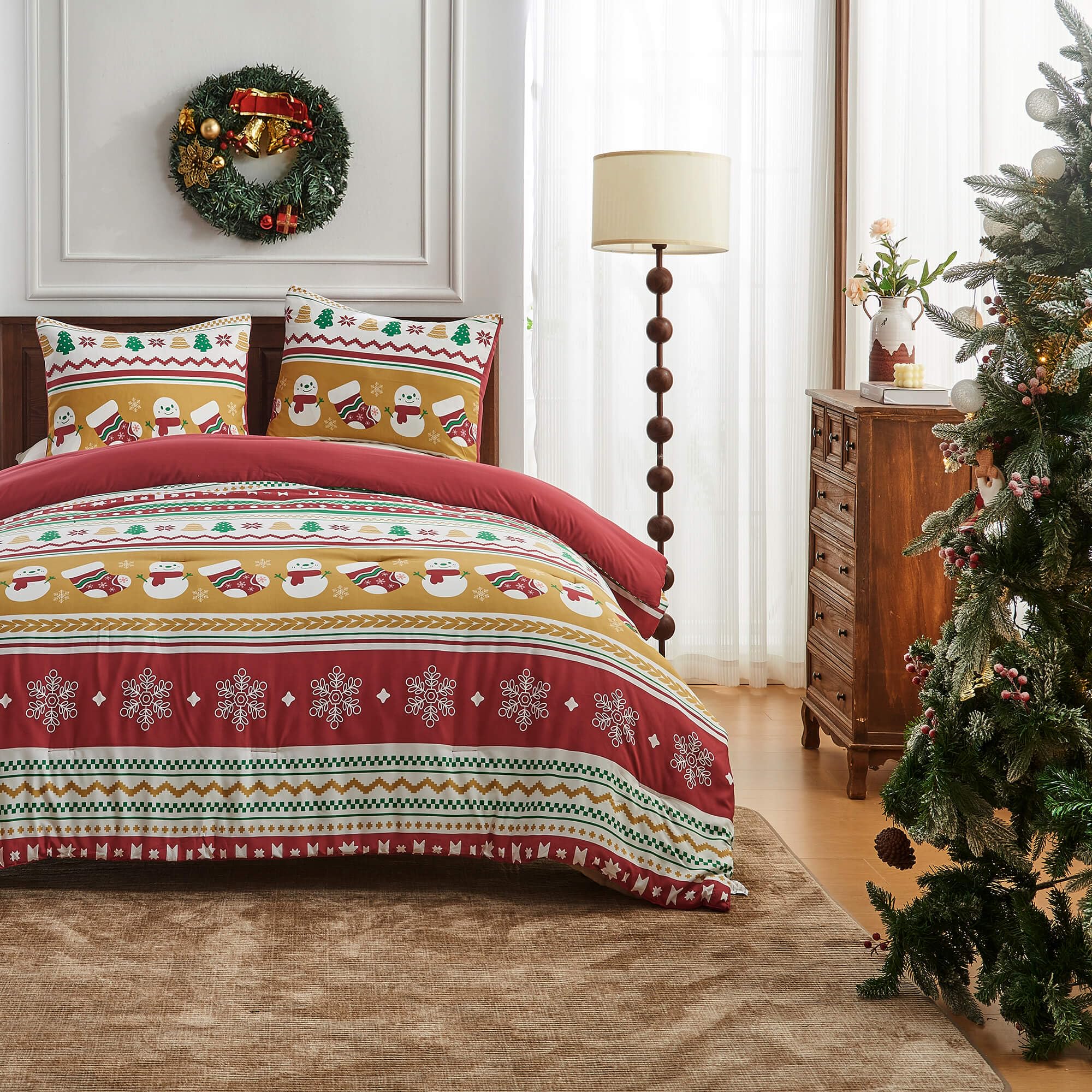 Bonlino Christmas Queen Comforter Set - 4 Pieces Christmas Fluffy Bedding Sets, Farmhouse Christmas Queen Size Bed Comforter with Boho Lightweight Bedding Xmas Red Striped Comforter Set