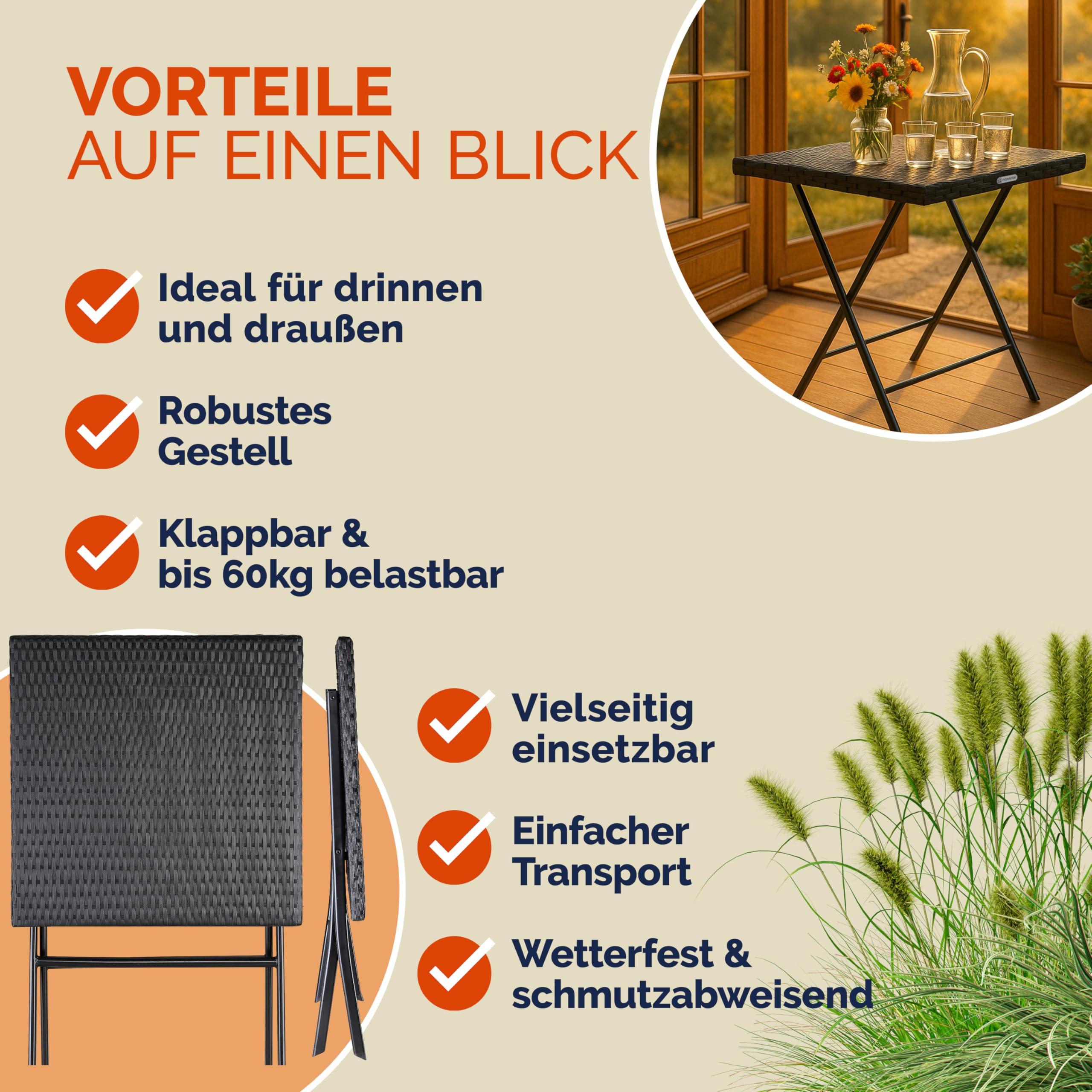 Casaria Tavolo Pieghevole Polyrattan 65x65cm 60kg Giardino Esterno