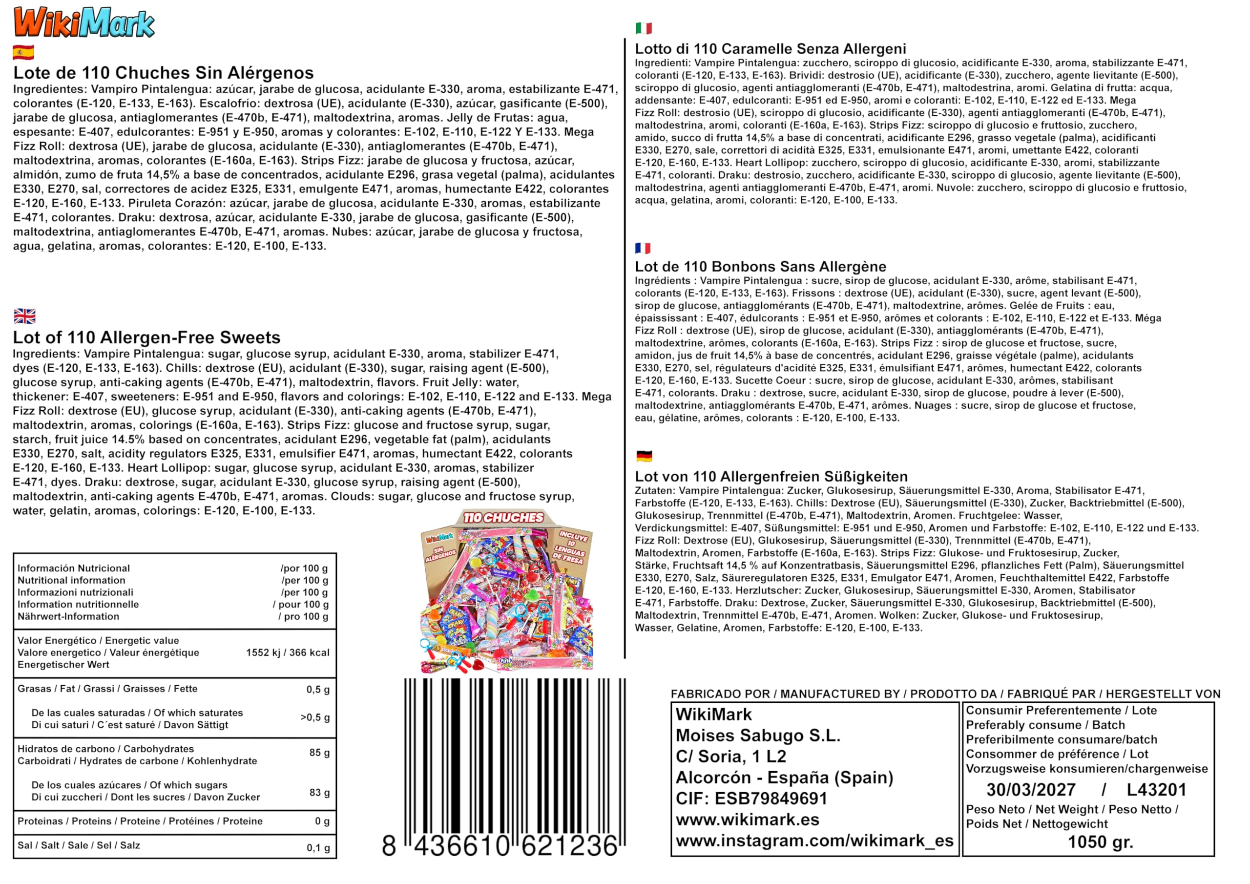 Megabox mit 110 Süßigkeiten ohne Allergene, Bonbons und Bonbons – perfekt für Geburtstage, Partys, Weihnachten, Halloween. Glutenfrei und laktosefrei. Enthält Erdbeerzungen.