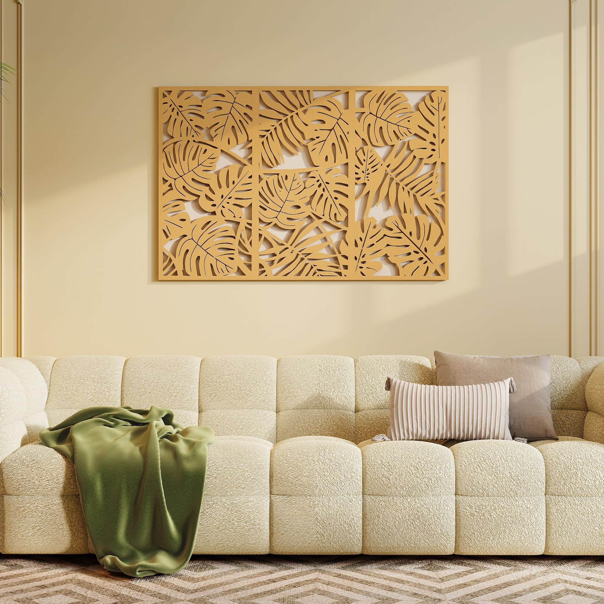 HOMCOM Set di 3 decorazioni da parete in legno 3D, 40 x 80 cm, legno naturale | Foglie tropicali, decorazione da parete moderna da appendere, per soggiorno, camera da letto, corridoio o ufficio