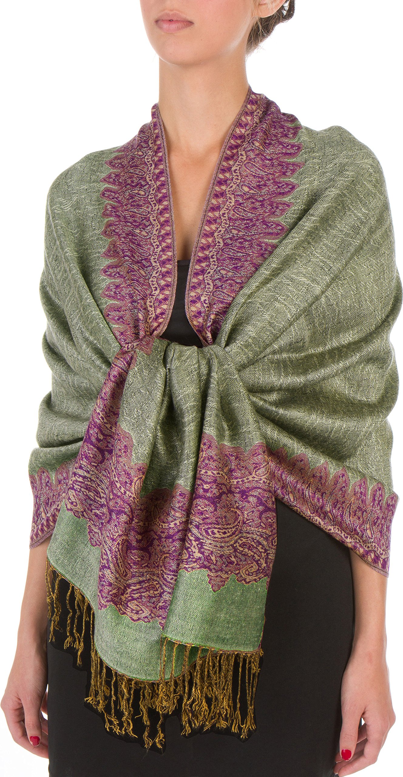 Sakkas Women's Green Purple Border Pattern Layered Reversible Woven Pashmina Shawl Scarf Wrap Stole