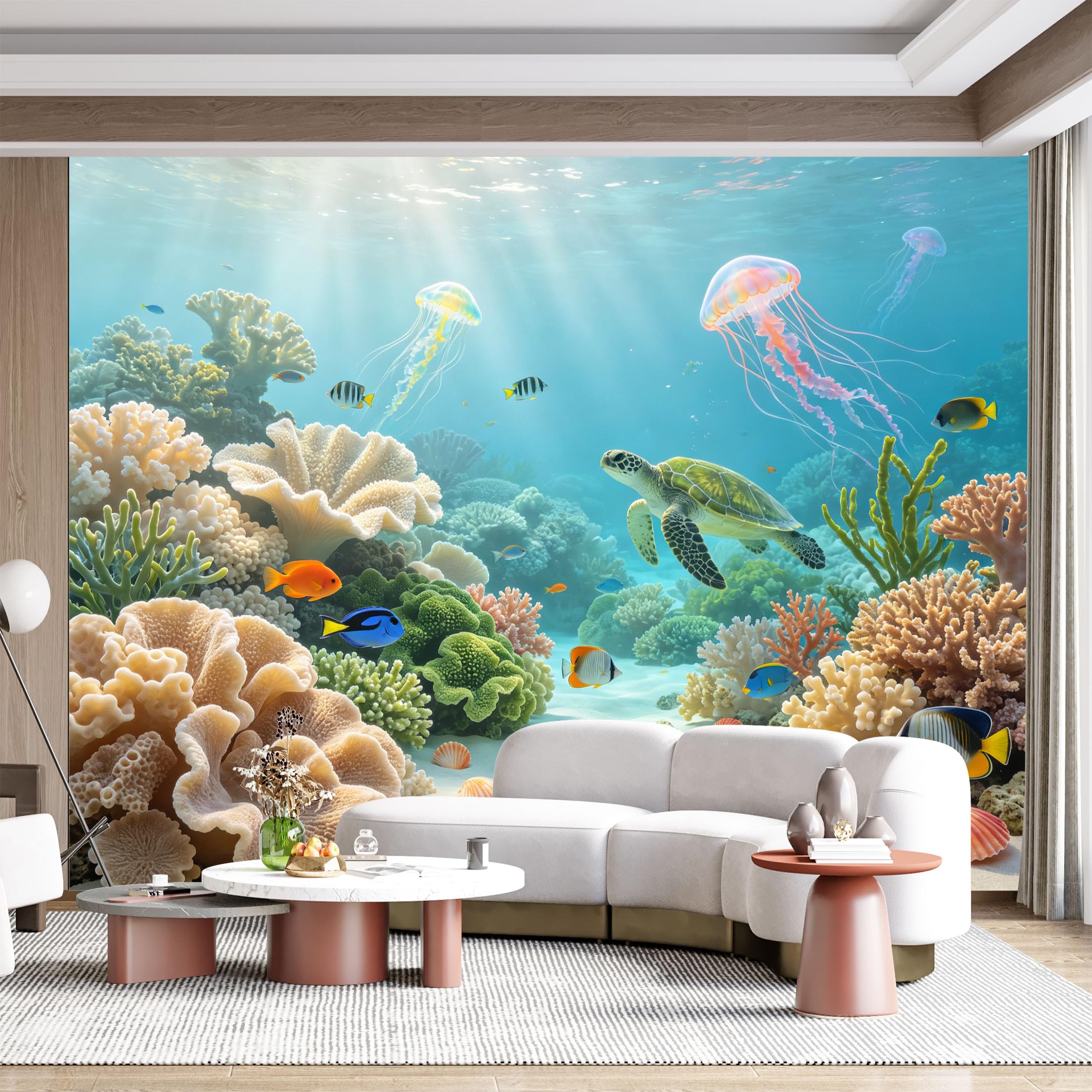 Custom Size Wall Mural Underwater Ocean Coral Reef Sea Turtle Jellyfish Fish Marine Life Landscape Seascape SelfAdhesive Wall Fabric Removable for Home Office Decor