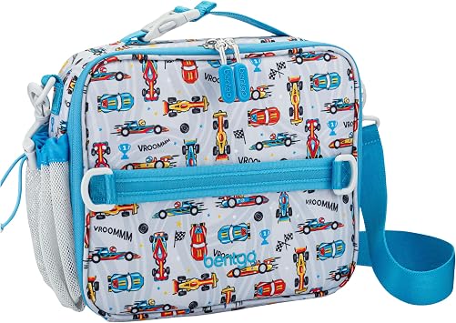 Bentgo Kids Prints Lunch Bag - Double-Insulated, Reusable, for Kids 3+, Adjustable Strap; Holds Lunch Box/Water Bottle/Snacks; Easy-Clean, Water-Resistant, Pockets NEW Race Cars