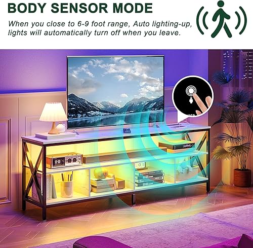 Miniatura 4 de HNEBC Soporte de TV LED para sala de estar, soportes de televisión modernos con estación de carga, centro de entretenimiento inteligente con luces