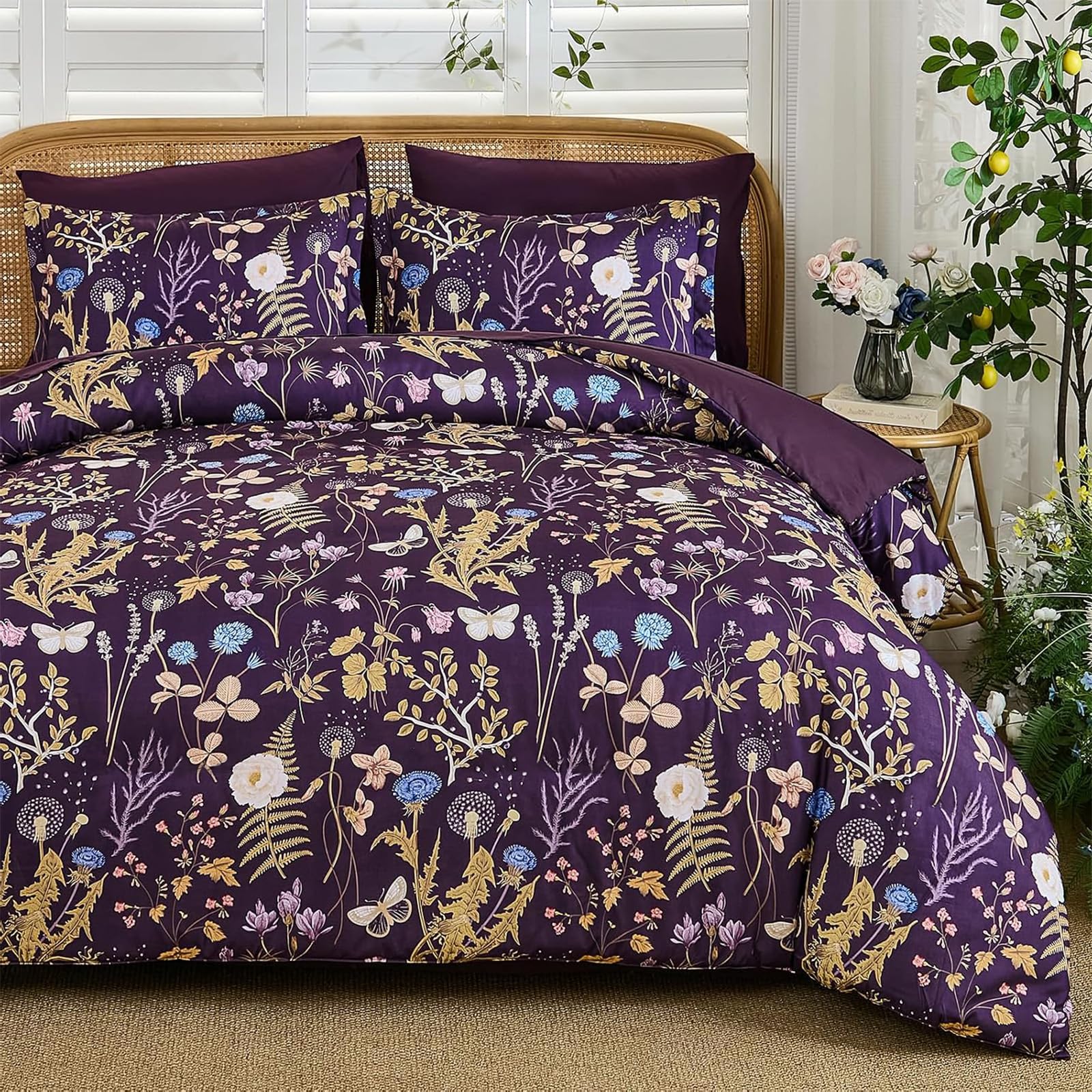 WONGS BEDDING King Size Duvet Cover Sets 3 Piece Floral Bedding Sets, Purple