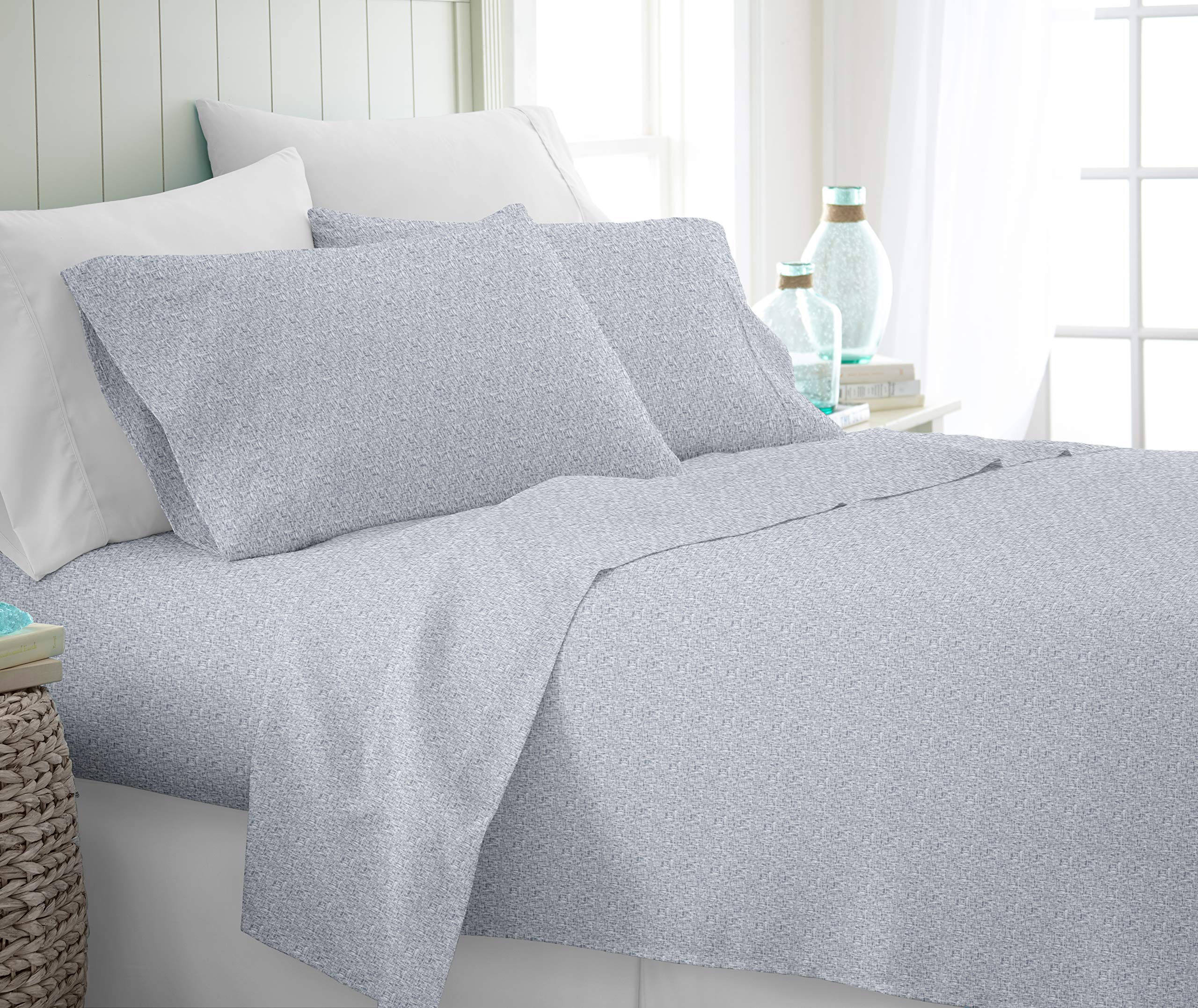 Linen Market Premium Ultra Soft Chambray Style Pattern 4 Piece Sheet Sets, Queen, Light Blue