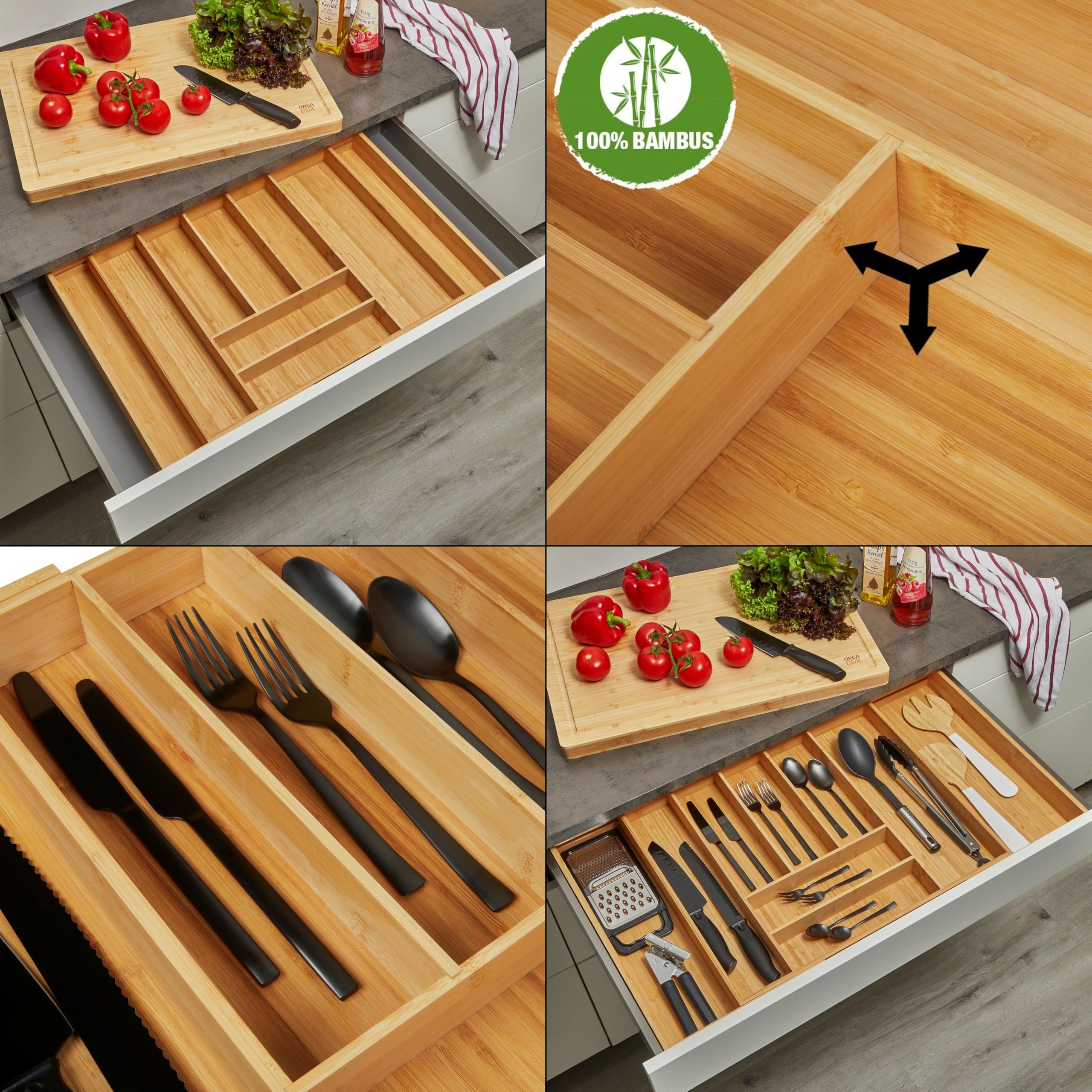 Orga-box UNIVERSAL Cubertero de bambú ajustable para anchura de armario 700-900 mm hasta 9 compartimentos para profundidad de cajón 473 mm