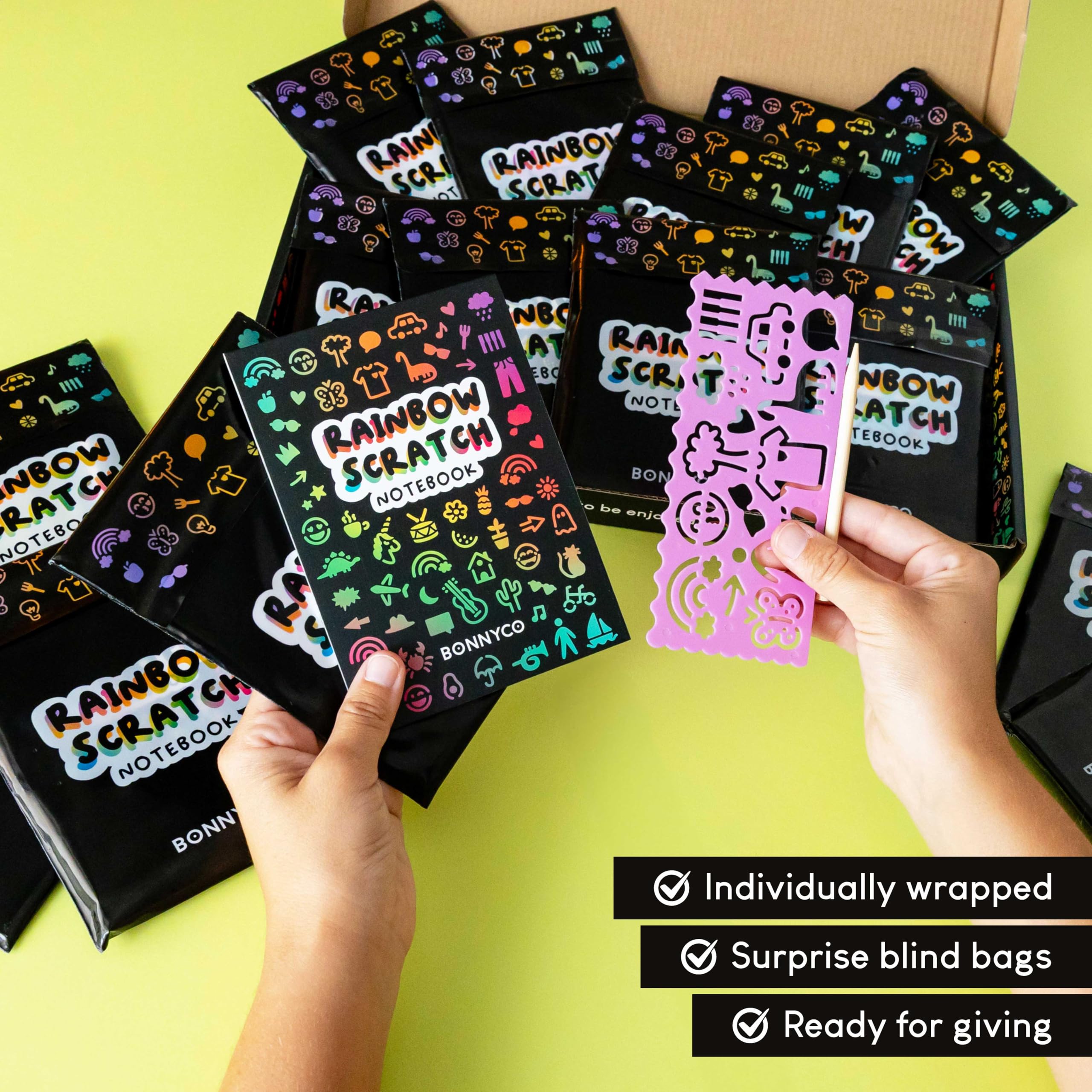 BONNYCO Rainbow Scratch Art for Kids 16 Sets with Notebook - Image 2
