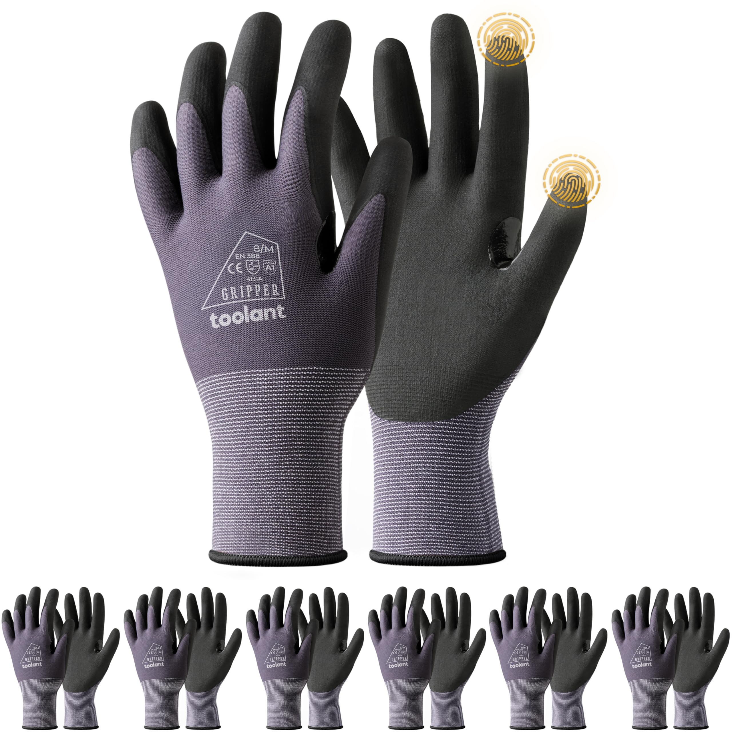 toolant 6 Pairs Work Gloves MicroFoam Nitrile Coated, 15 Gauge Breathable Nylon with Grip in Wet & Oily Condition, Touchscreen, Certified Working Gloves Bulk for Gardening, Warehouse,Automotive,Gray,M