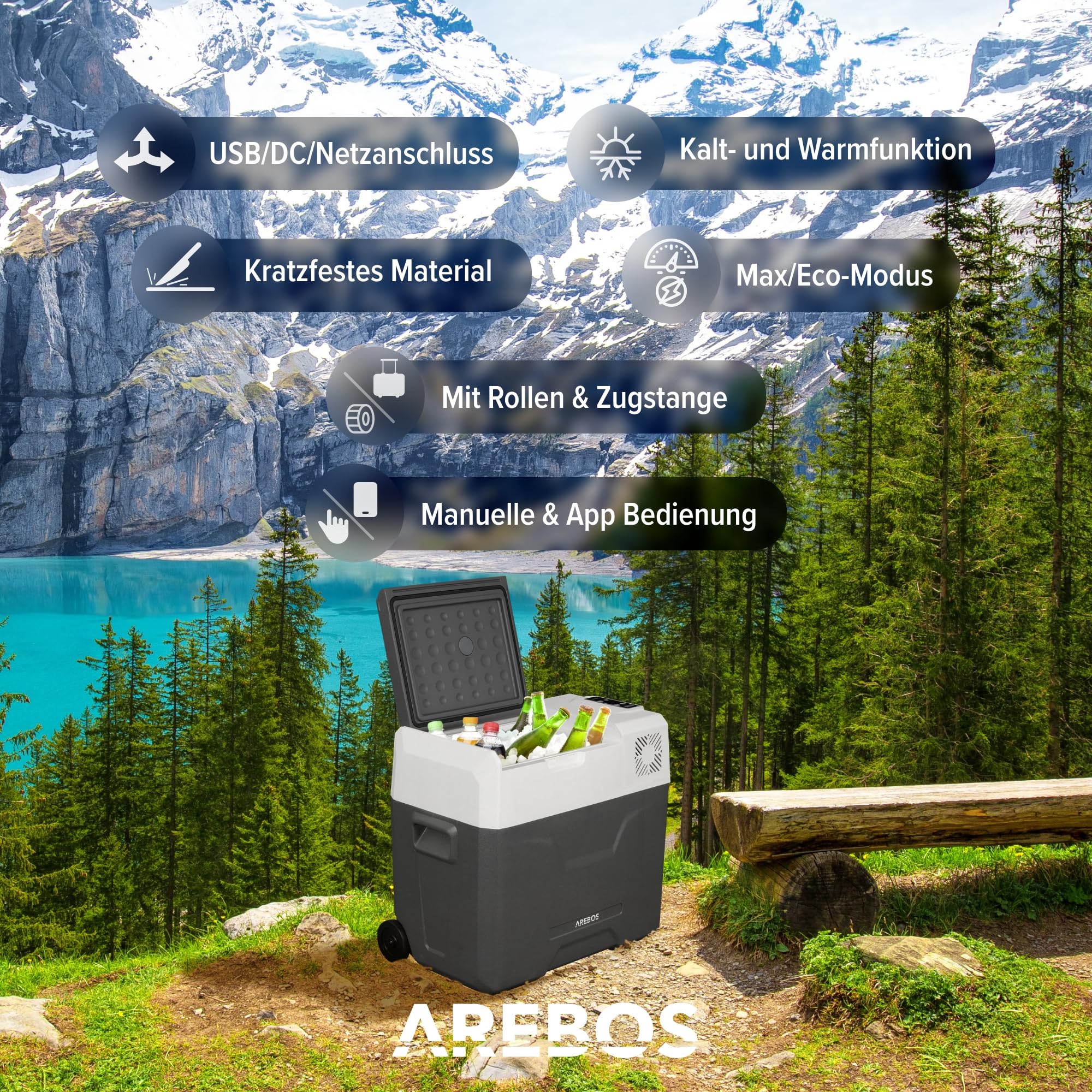 Arebos Kompressor Kühlbox 47L Elektrische Gefrierbox mit APP & Smart-Steuerung Kühl- und Wärmefunktion 12/24V 230V
