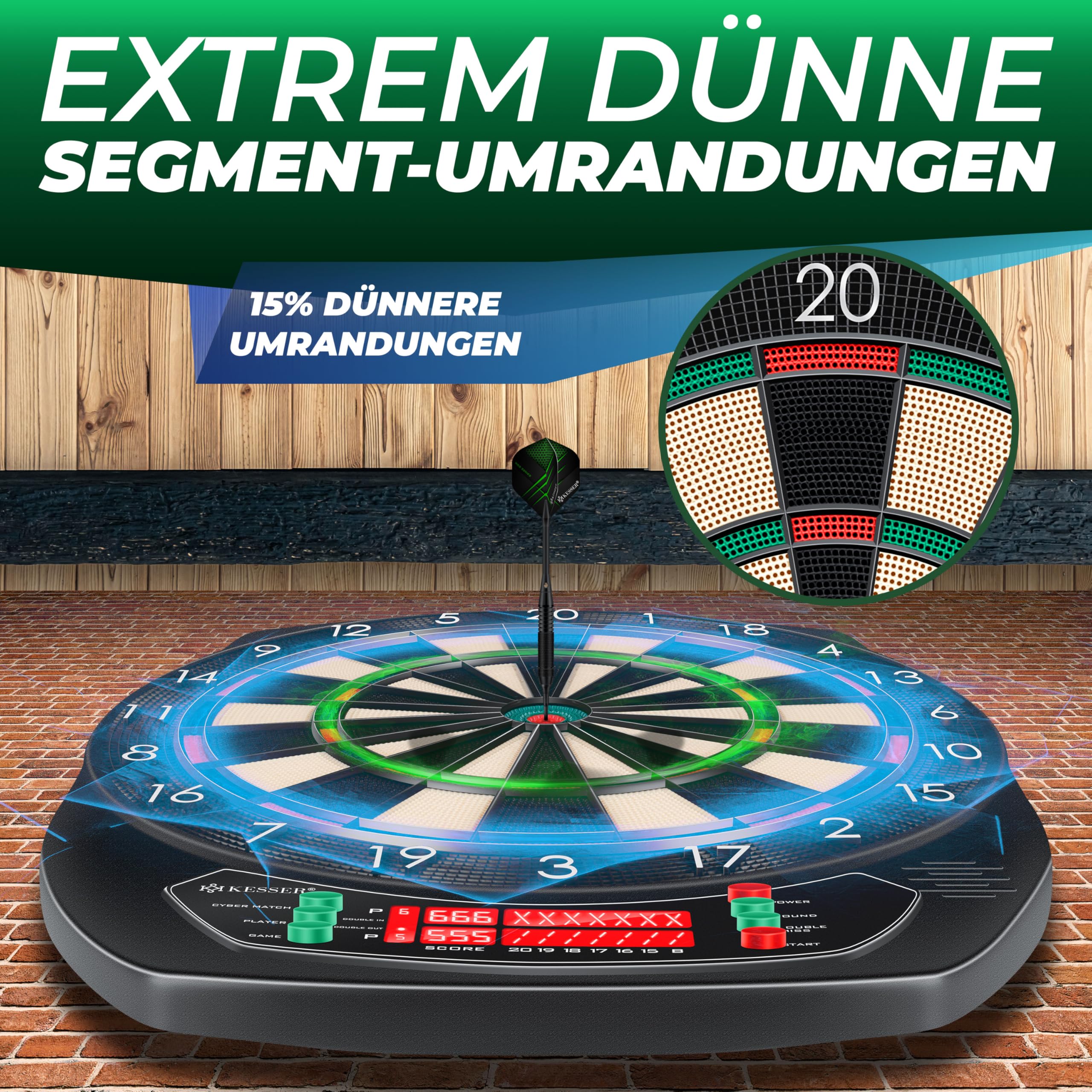 KESSER® Elektronische Dartscheibe Profi Set - E Dartboard mit 15 Dartpfeile + 20 Pro Flights 100 Pfeilspitzen + Zubehör Dart für 1 bis 8 Spieler mit LED Anzeige