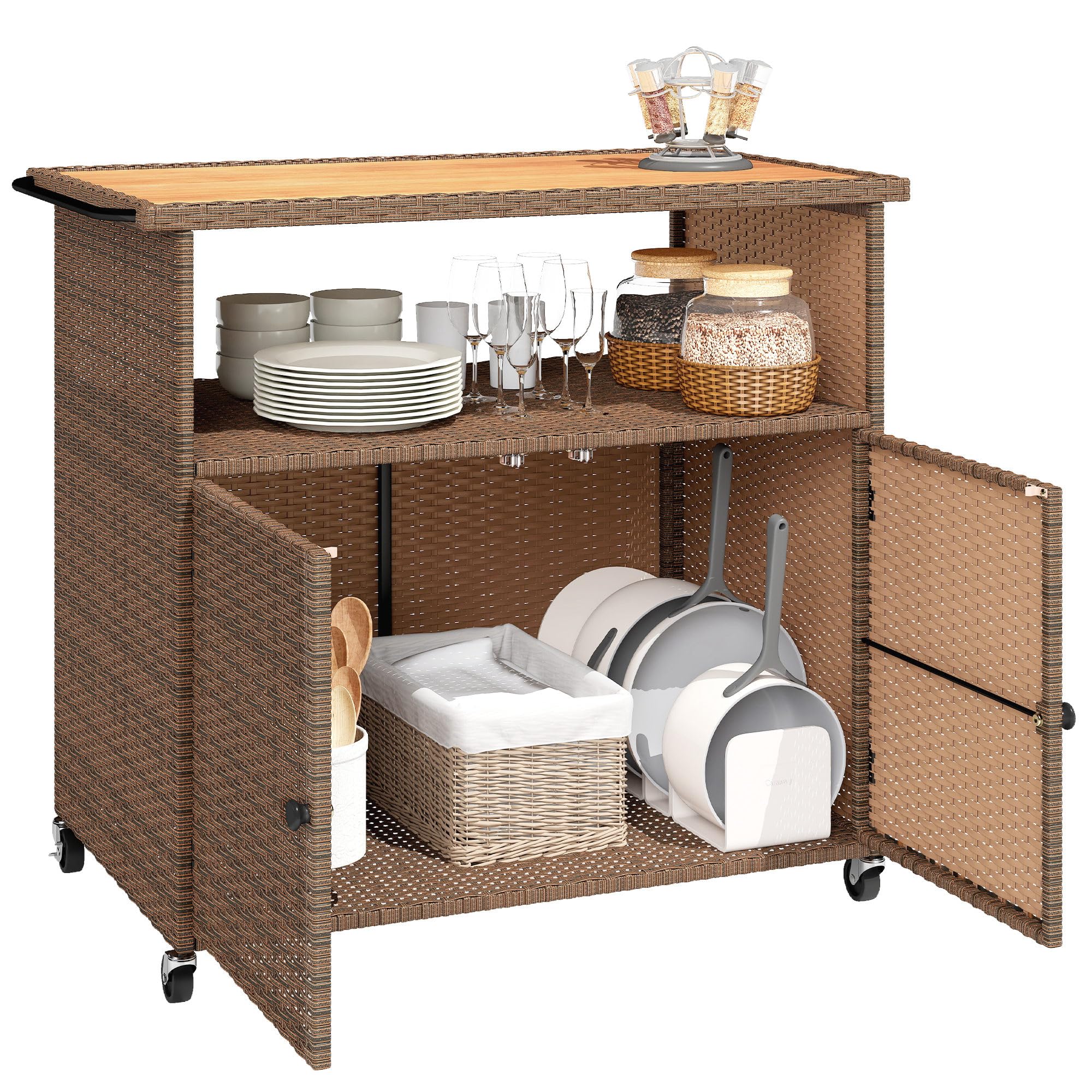 Outsunny Chariot de service en rotin avec plan de travail en bois d'eucalyptus FSC, compartiment de rangement, roulettes, poignée latérale, chariot de bar, chariot de barbecue, chariot d'appoint pour