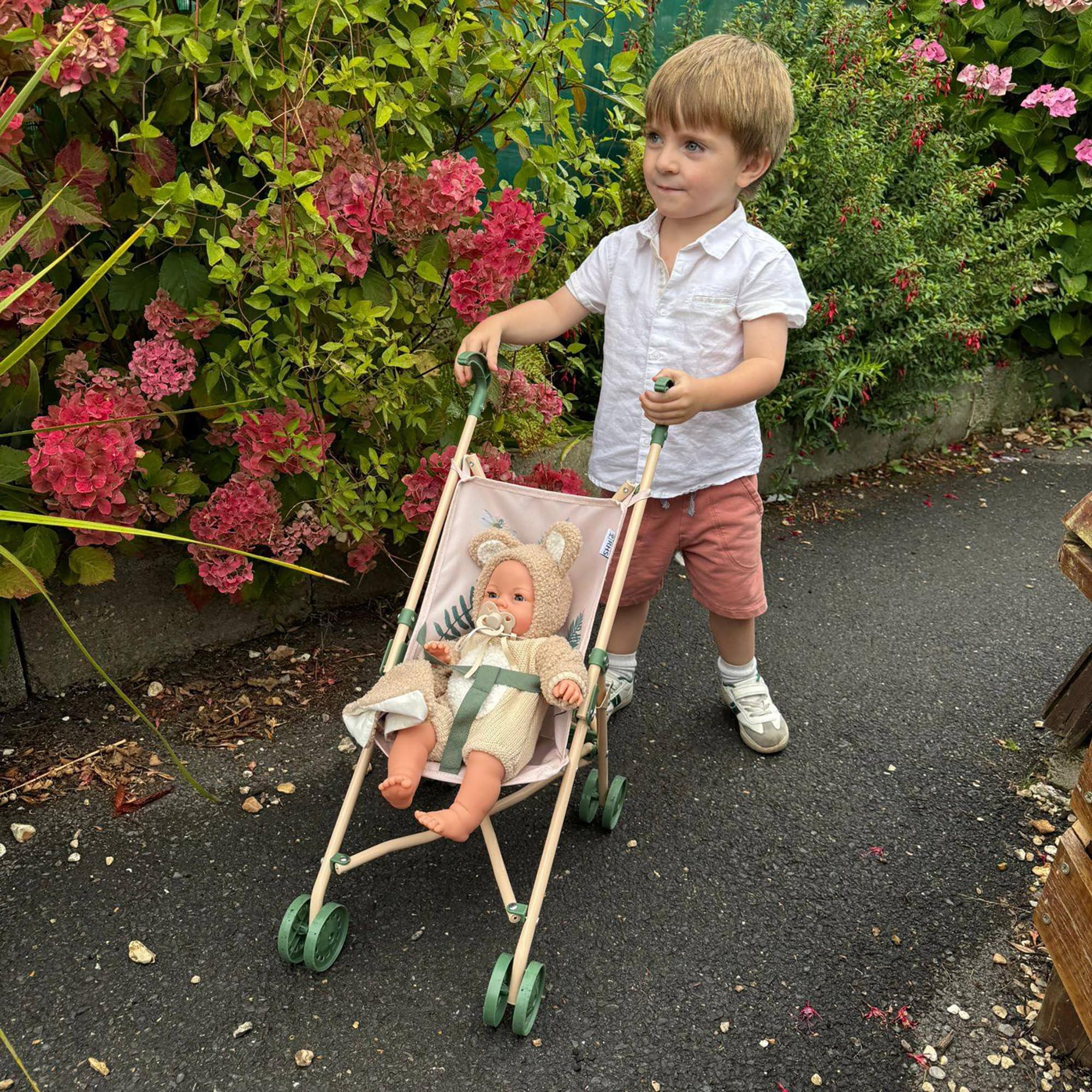 Roma Poussette RHS Fern pour poupée - Jouet écologique pour poupée - À partir de 2 Ans, crème/Vert, Tissu recyclé, Pliable, Portable, première Poussette idéale, Cadeau de Noël