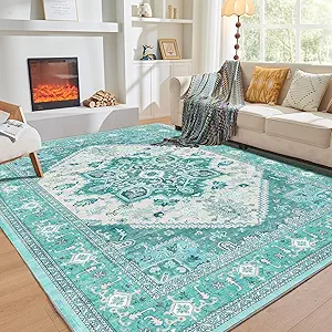 OPPODREAM Soft 10x14 Area Rugs, Washable Rugs 10x14 with Non Slip Backing, Low-Pile Faux Cashmere 10 x 14 Carpet, Teal & Turquoise & Cream