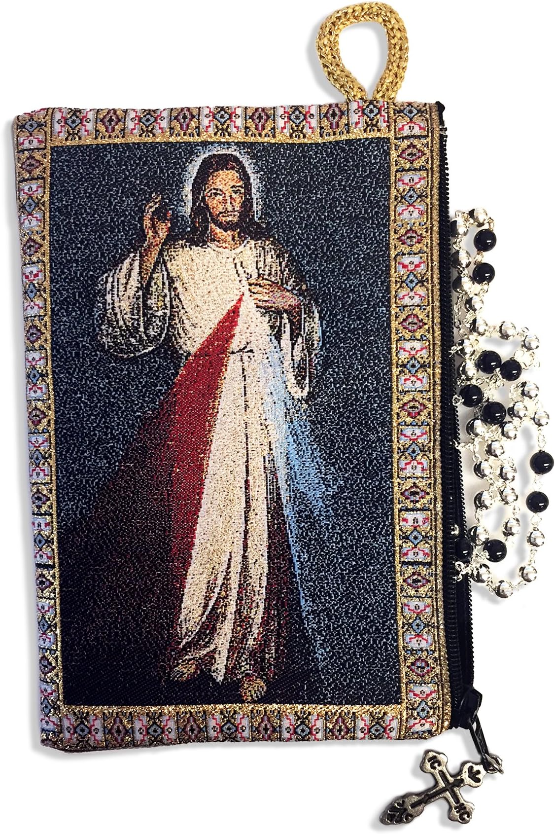 PLESIU Religious Gifts The Divine Mercy Tapestry Icon Rosary Pouch Case with Zipper 5 3/8 Inch