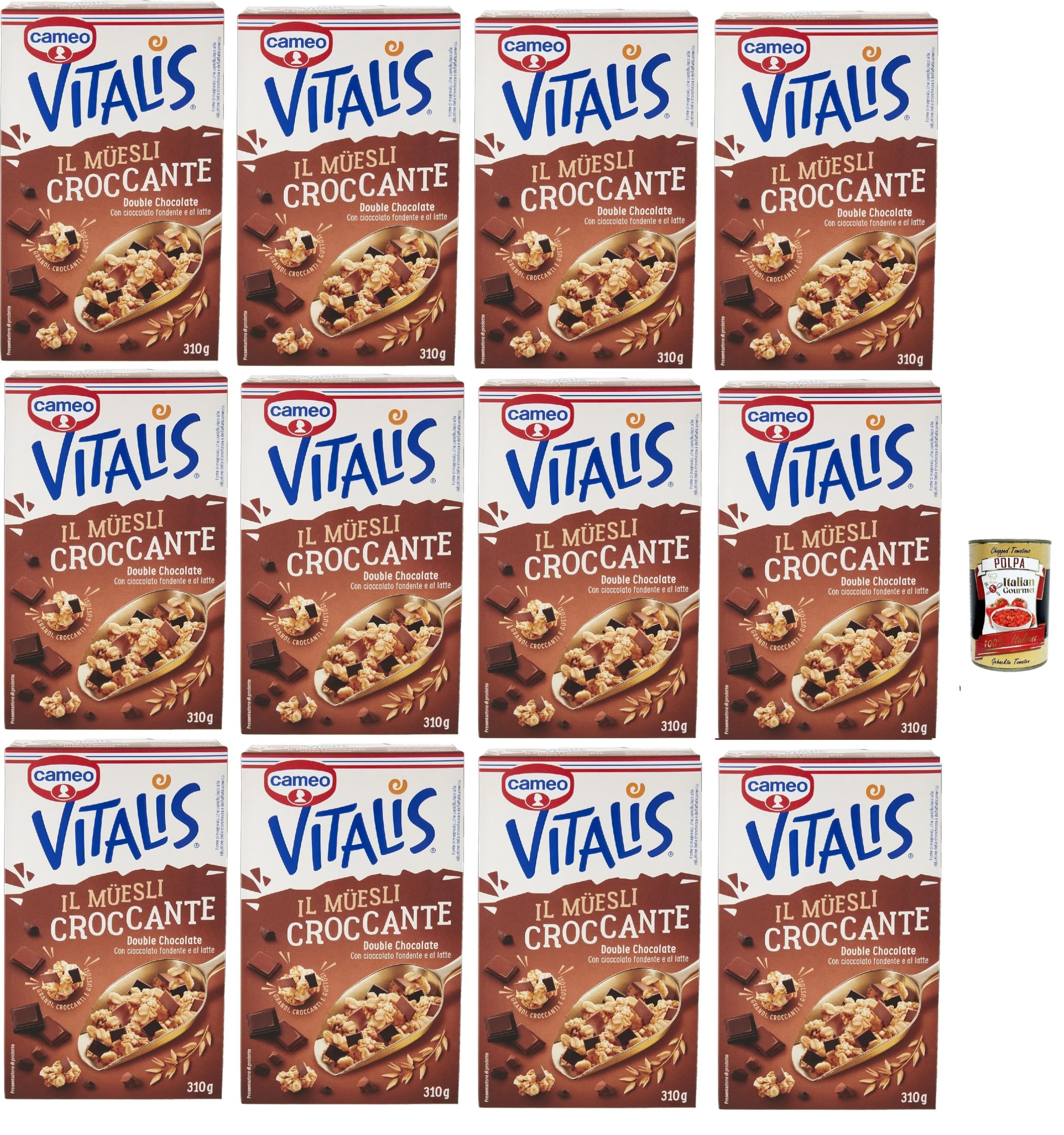 Italian Gourmet Vitalis Crunch muesli croccante doppio cioccolato 12 x 310g | Fiocchi d'avena interi, mit dunkler Schokolade und Milchstückchen, Gesamtnettogewicht 3,72 kg + Kostenlos Polpa 400g