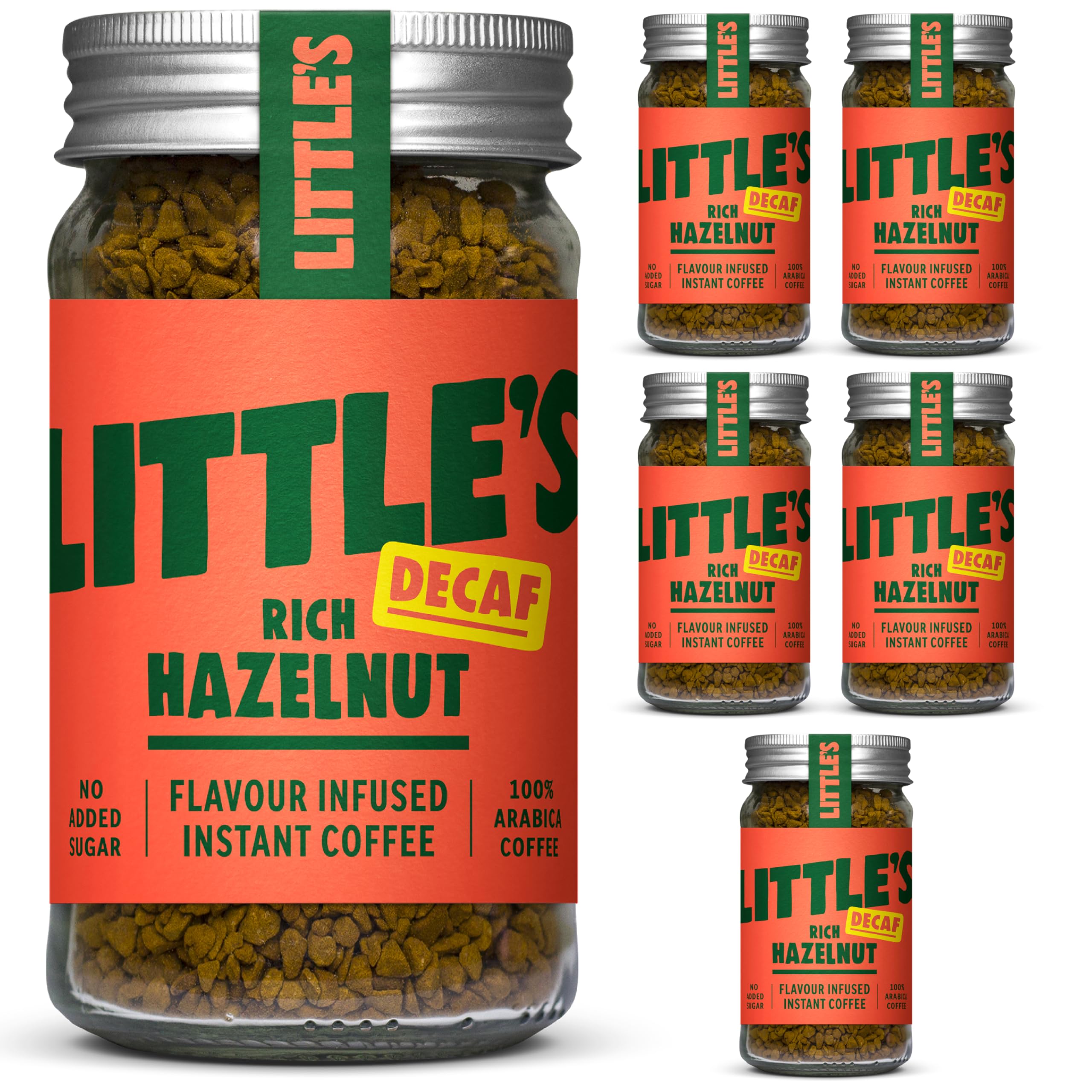 Little's Rich Hazelnut Flavoured Decaf Instant Coffee, 6 Pack (50g x 6) - Decaffeinated Coffee, Rich & Smooth, Infused With Hazelnut Flavour - Vegan Friendly, Low Calories, No Added Sugar