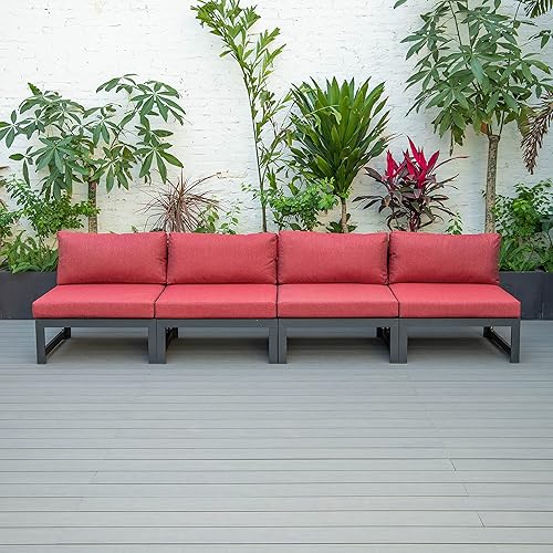 Miniatura 4 de LeisureMod 4 piezas de patio al aire libre seccional sin brazos con cojines, rojo