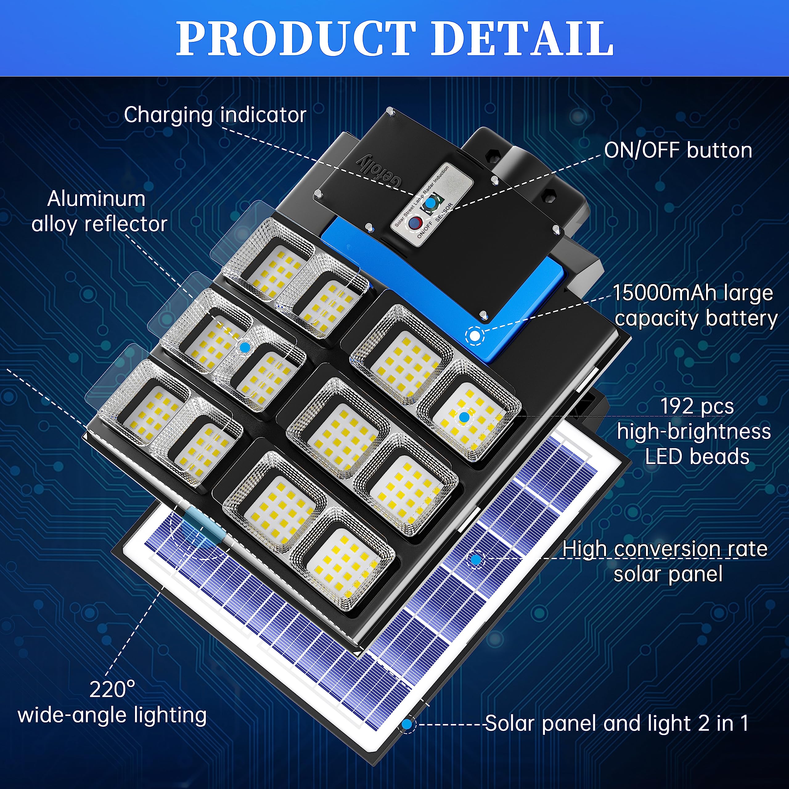 Gefolly 800W Lampione Solare LED Esterno, 216000LM Dal Tramonto All'alba IP67 Impermeabile Lampioni da Esterni con Sensore di Movimento,6500K Lampione Stradale per Esterni-Luce Sicurezza Stradale