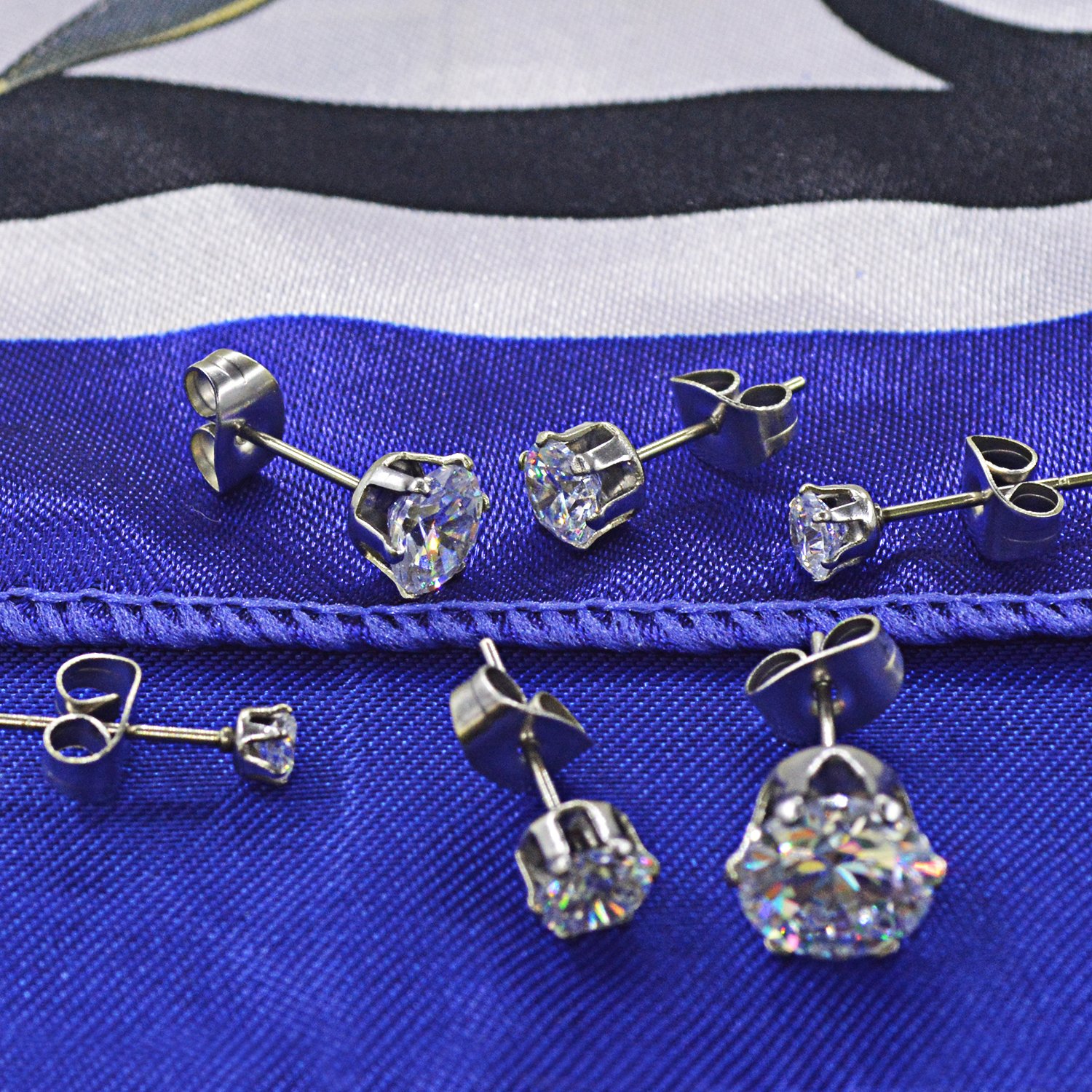 6 pares, pendientes colgantes de acero inoxidable para mujer, diamante incrustado de circona cúbico y redondo transparente, joya, pendientes perforados hipoalergénico con estrás 0.1 pulgada - 0.3 pulgada unisex, para jóvenes y mujeres, plata 8