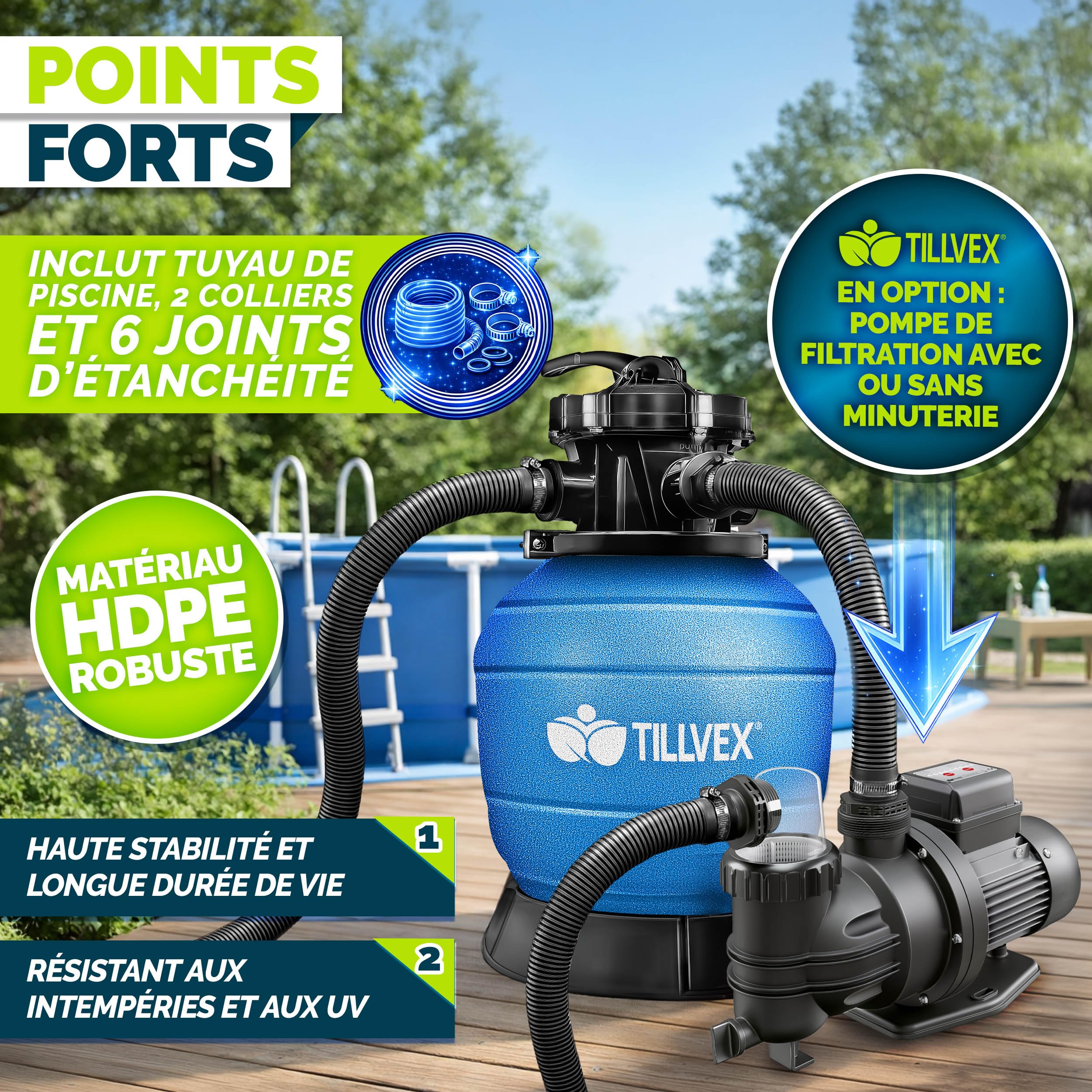 tillvex® Filtre à Sable pour Piscine sans Pompe + Billes filtrantes jusqu'à 50 m³ (50.000 litres) | Cuve Filtre Piscine INCL. Adaptateur Ø32-38mm | Vanne 7 Voies, manomètre & Tuyau d'aspiration