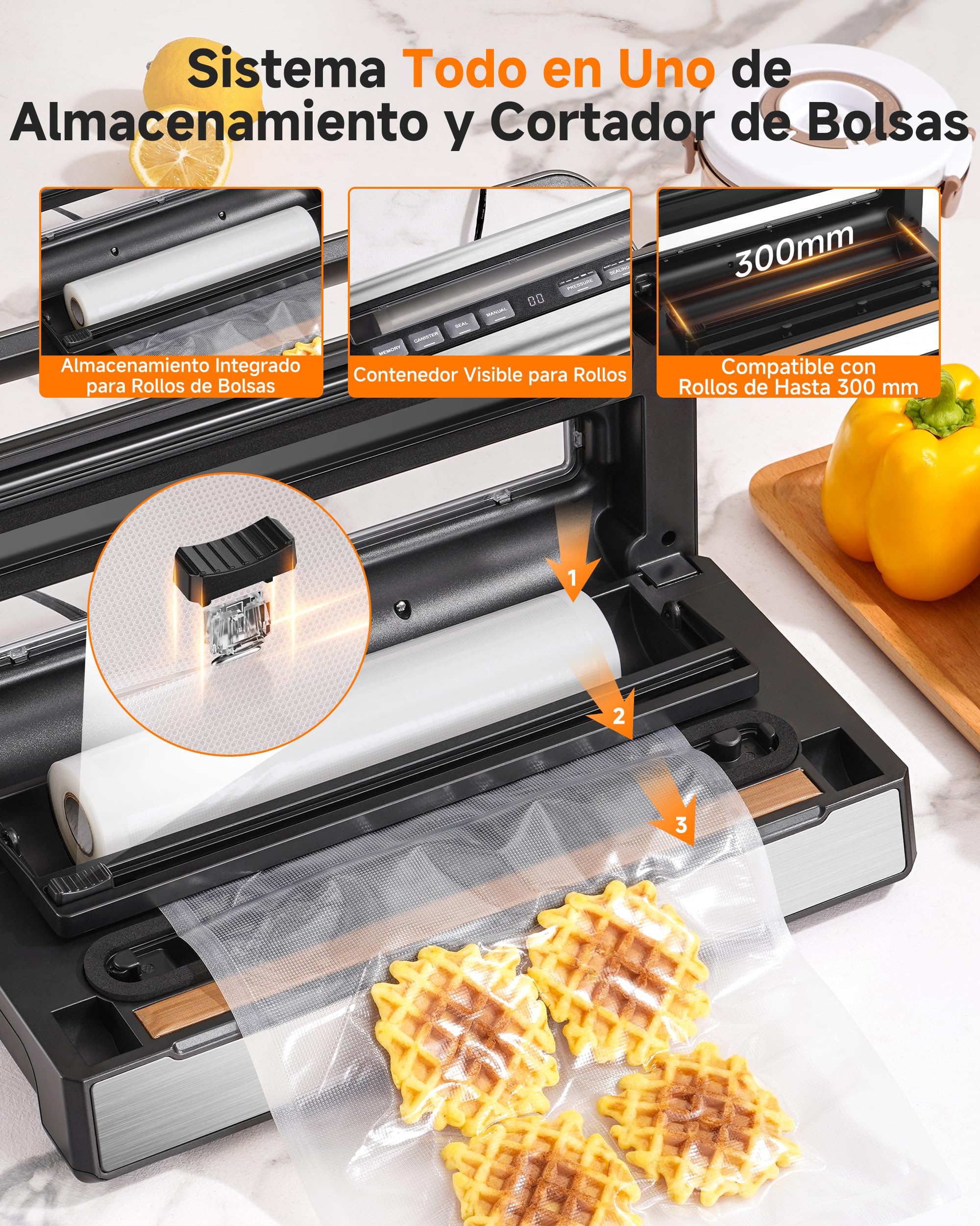 Envasadora al Vacio 95 kPa, 9-in-1 Envasadora al Vacio Domestica con Modo Tiempo & Presión Ajustables, Memoria, Doble Sellado, Cortador & Almacenamiento Integrados, Incl. 2 Rollos & Manguera