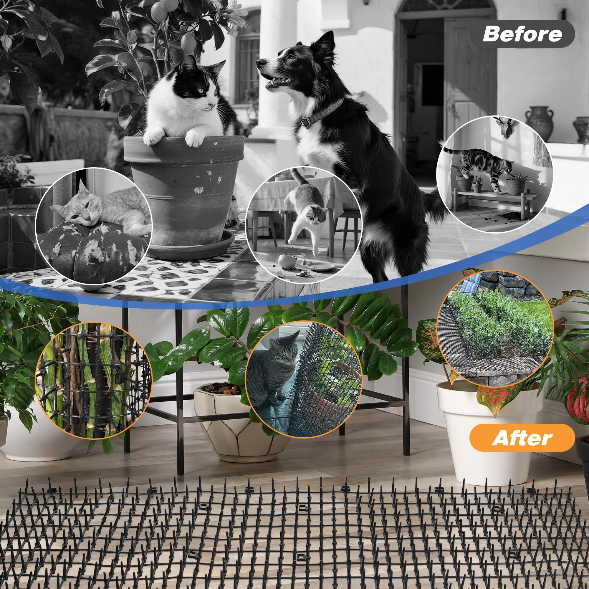 Spuntoni anti-gatto 30 x 200 cm, tappetino in plastica con spuntoni, tappetino anti-gatto con spuntoni, rete deterrente per animali domestici con 10 picchetti a forma di U per giardino, recinzione - 5