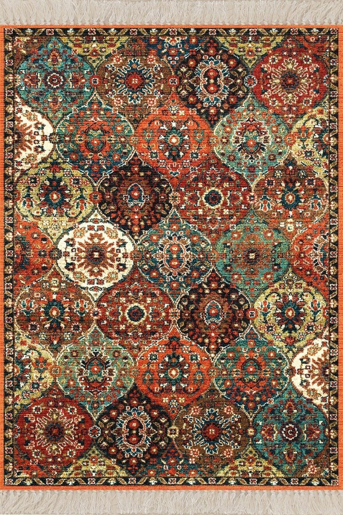 Pelangi Osmanlı Motifler Desenli Etnik Dijital Baskı Yıkanabilir Kaymaz Taban Salon Halı Ve Yolluk, Kahverengi 180 x 180, 84618018005