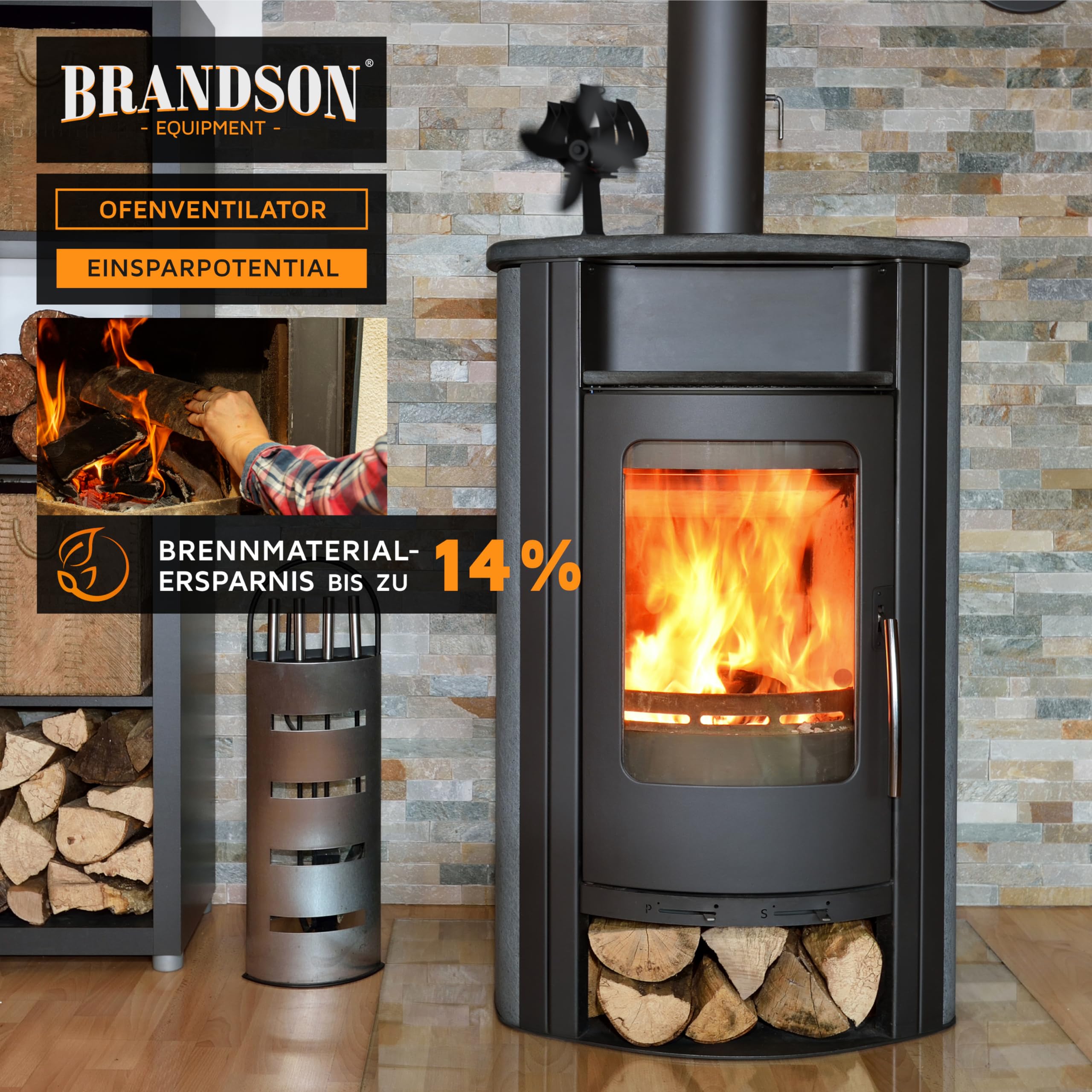 Brandson - Ofenventilator wärmebetrieben - Kamin Ventilator - Lüfter für Kaminöfen Holzöfen Öfen - 4 Flügel Rotorblätter – Rotordurchmessser 180mm – Wärmeverteiler ohne Strom – schwarz