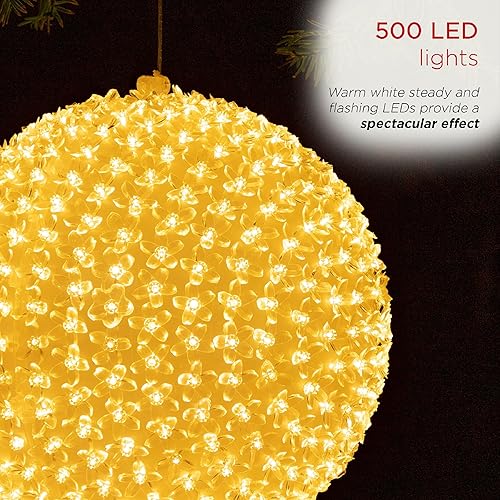 Miniatura 4 de Alpine Corporation Adorno redondo intermitente para interiores y exteriores de 13 pulgadas de alto, con luces LED blancas cálidas, decoración