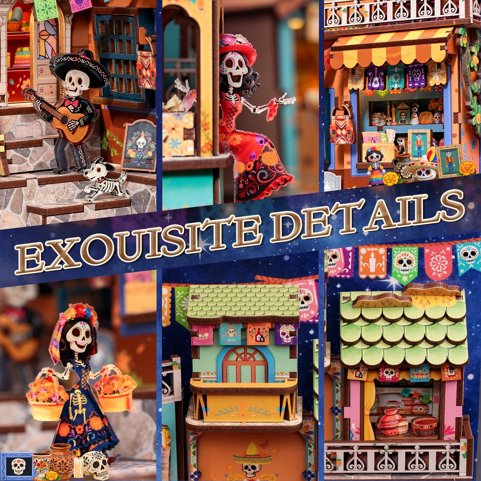 Cutefun Book Nook Kit para Día de Muertos - Kit de casa de muñecas en Miniatura - Kit de construcción de Modelo de decoración de estantería con luz LED, Rompecabezas de Madera 3D, Regalo Decorativo