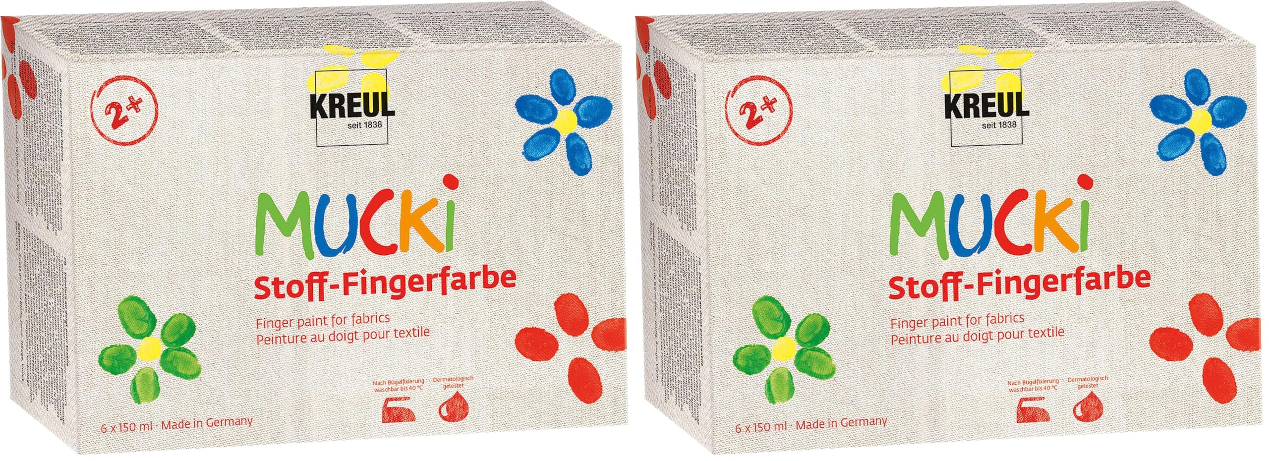 KREUL 28420 - Mucki Pintura de Dedos para Tela, 6 x 150 ml blanco, amarillo, rojo, verde, azul, violeta, colores brillantes a base de agua para niños desde 2 años (Paquete de 2)