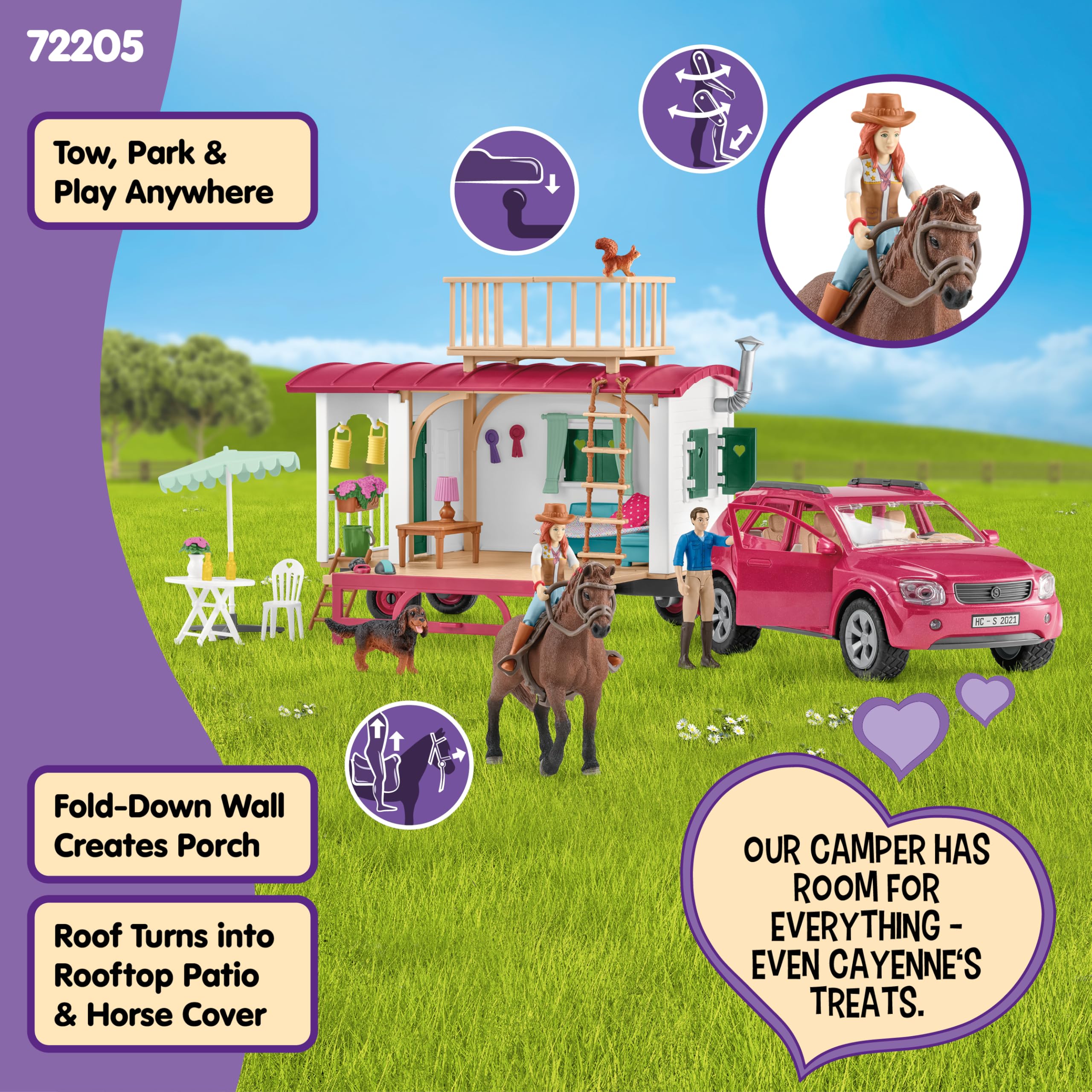 schleich HORSE CLUB | Przygoda z przyczepą kempingową 72205 | Zestaw z przyczepą, SUV-em, 2 figurkami, koniem i psem | Akcesoria dla koni schleich | Zabawka od 5 lat | 113 elementów | tylko na Amazon | Zestaw z przyczepą kempingową, SUV-em, 2 figurkami, k