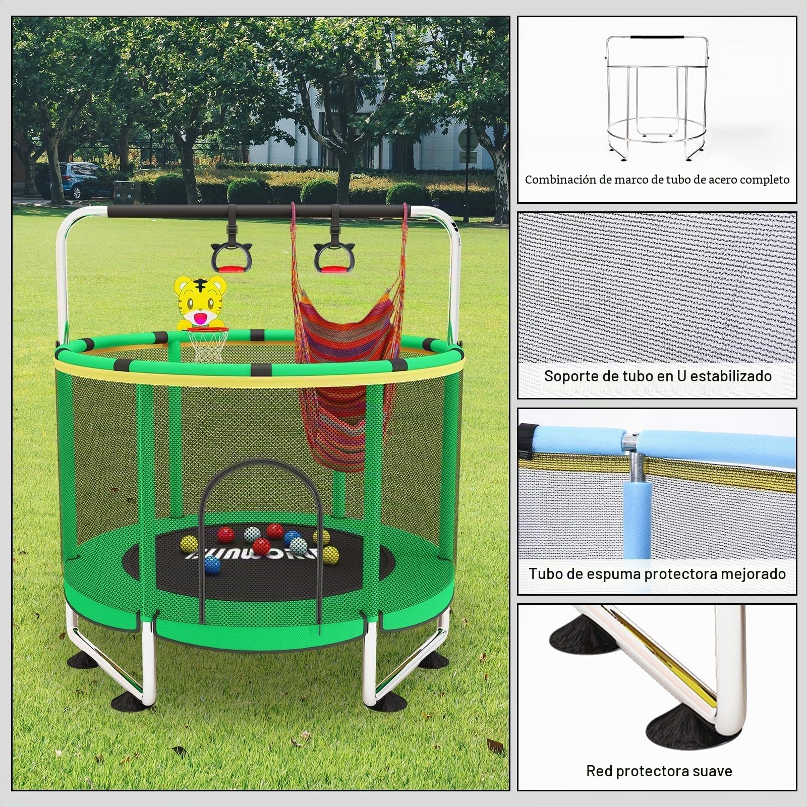 Trampolín para niños, cama elástica ajustable para bebés con aro de baloncesto, 440 libras, para interiores y exteriores con recinto (verde)