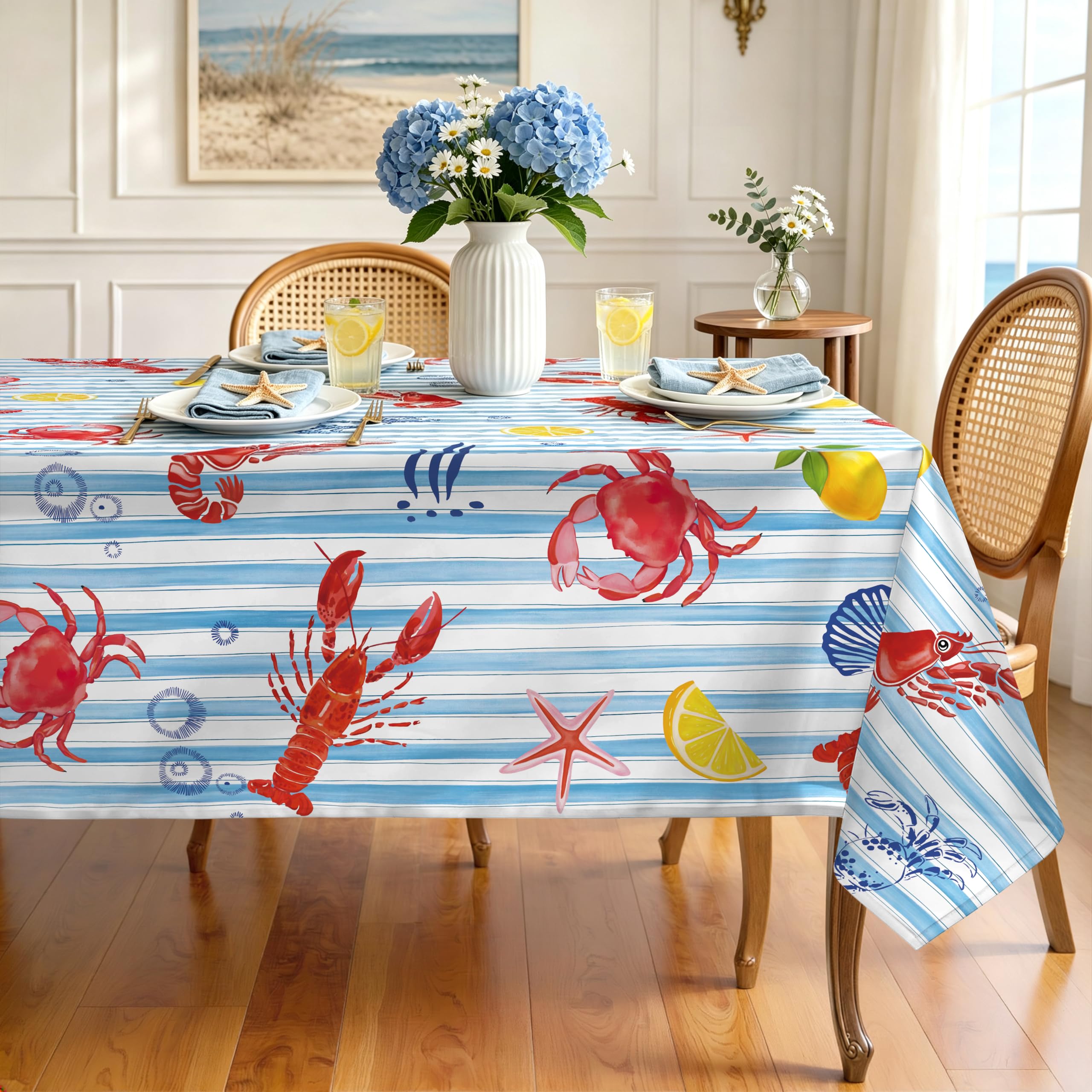 Arquiel Summer Lobster Lemon Table Cloth Rectangle Machine Washable Crawfish Seashell Tablecloth, 152 * 213 cm, Polyester Table Cover for Kitchen Dinner Anniversary Outdoor Decor