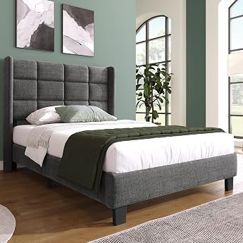 Merax Upholstered Bed, 90 x 200 cm, with Slatted Frame, Backrest, Skin-Friendly Linen Material, Grey, Single Bed, Youth Bed (