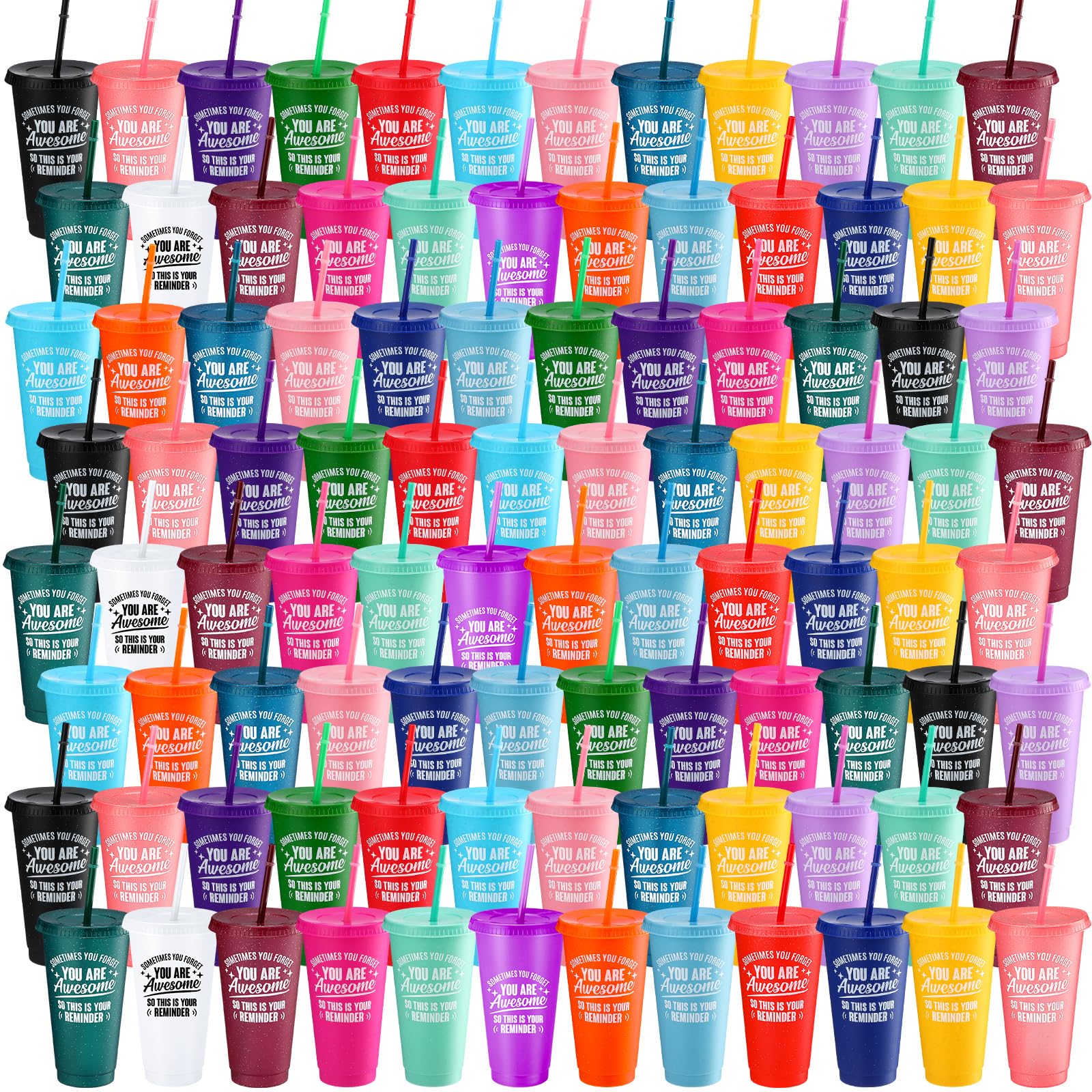 Photo 1 of 100 Pack Thank You Gifts You Are Awesome Coffee Mug 24 oz Plastic Tumblers with Lids and Straw Inspirational Reusable Tumblers Appreciation Gift for Coworker Teacher Colleague Employee (Cute Color) 100 Cute Color
