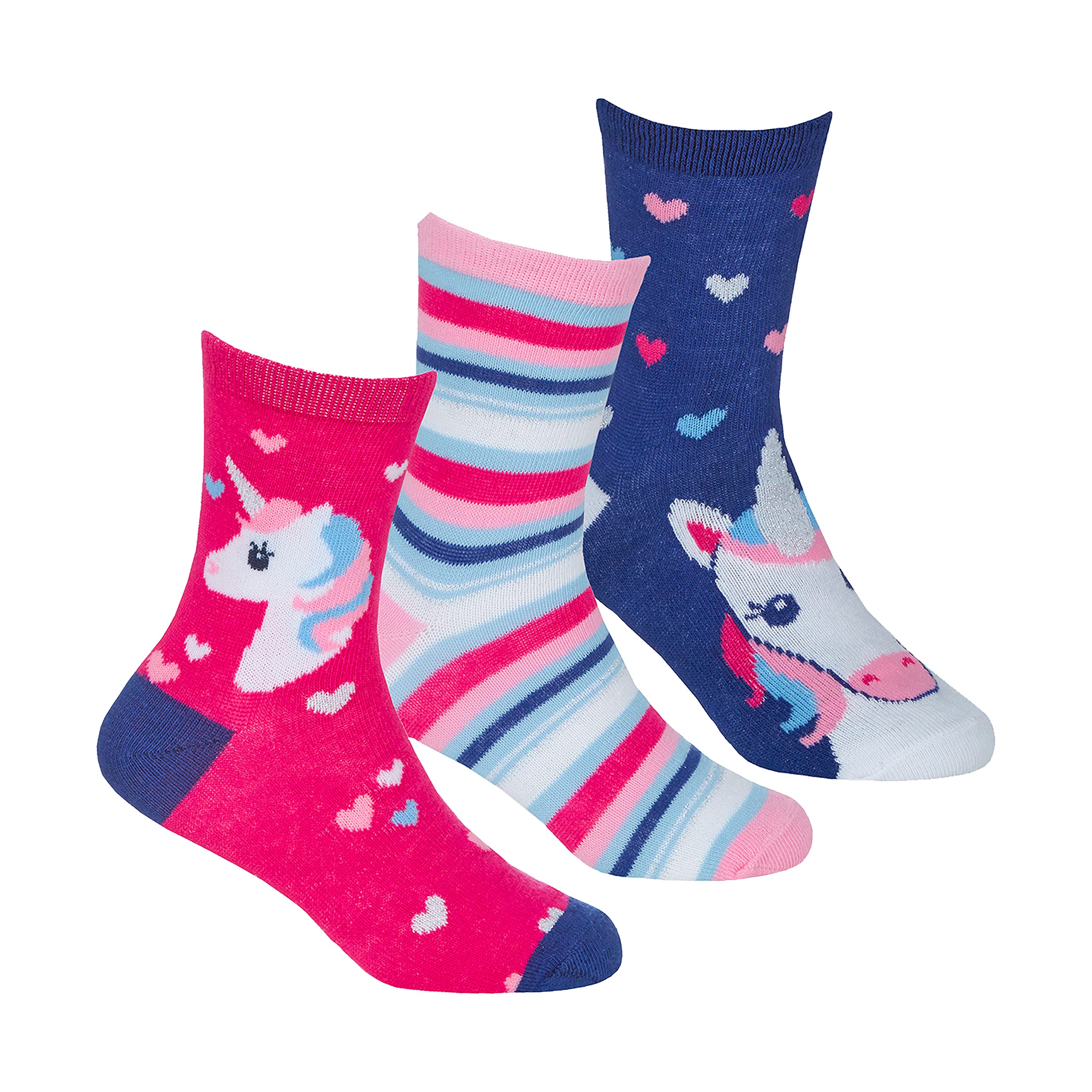 Metzuyan Girls Unicorn Pink- 3 Pairs Kids Cotton Rich Novelty Socks Unicorns Designed Pink Unicorn Size 6-8.5