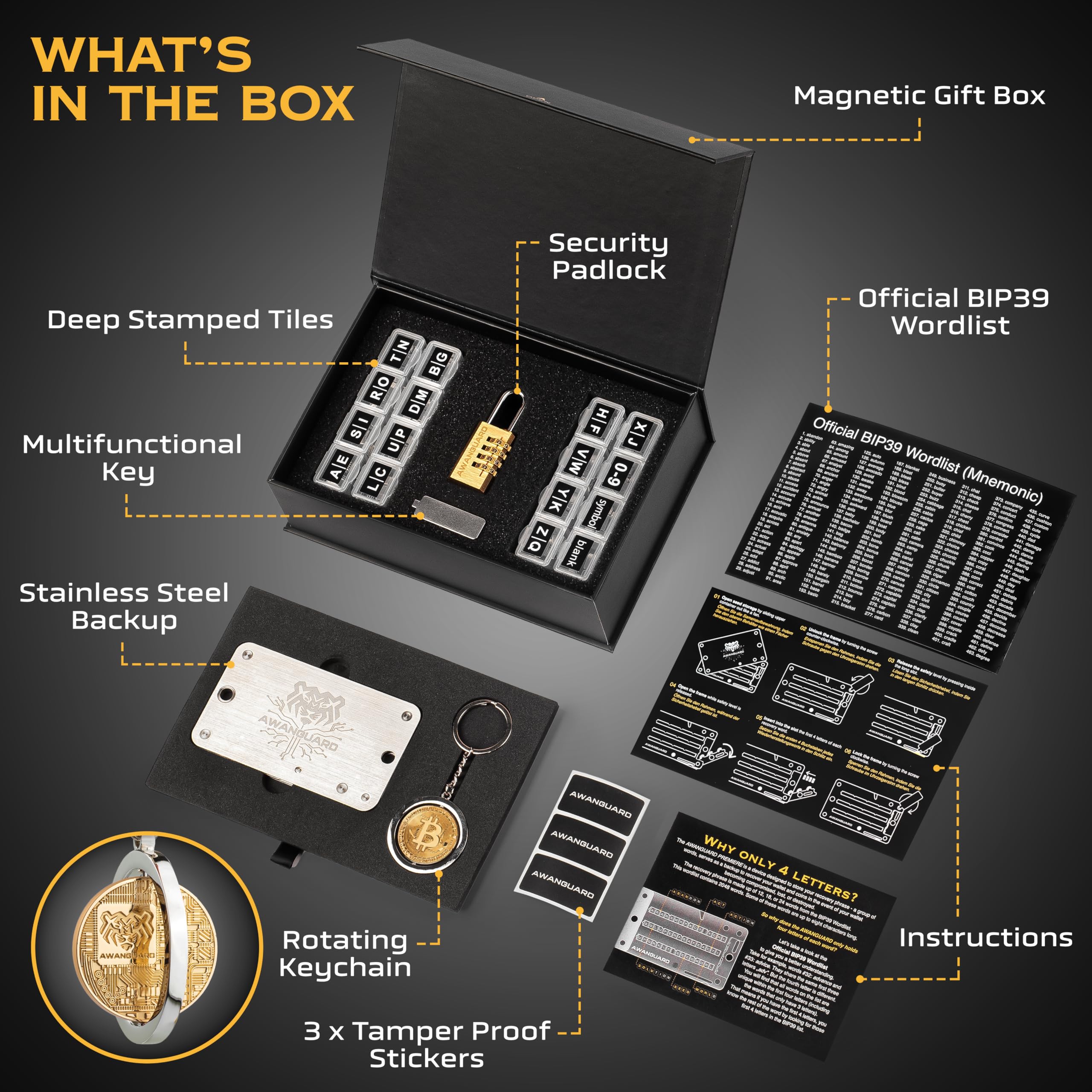 AWANGUARD Premiere - Bitcoin Steel Wallet, 24 Recovery Seed Phrase Backup,  Offline Crypto Key Steel Wallet, Cold Krypto Seeds Storage - Compatible  with Ledger, Trezor and ALL BIP 39 Wallets : Amazon.de: