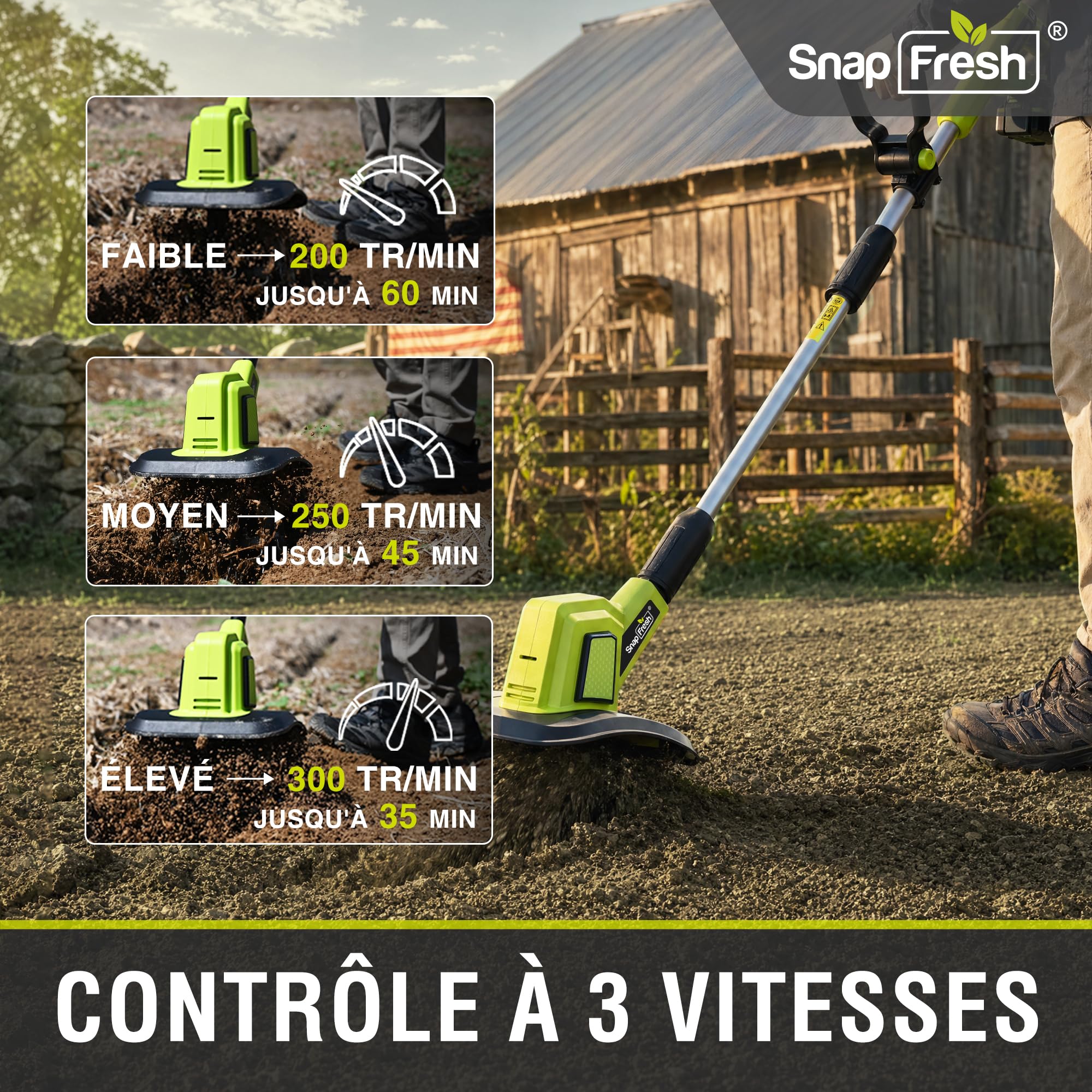 SnapFresh Motobineuse sur Batterie sans Fil 20V - Fraise de Jardin électrique avec Batterie 4,0 Ah et Chargeur Rapide pour Planches de Jardin